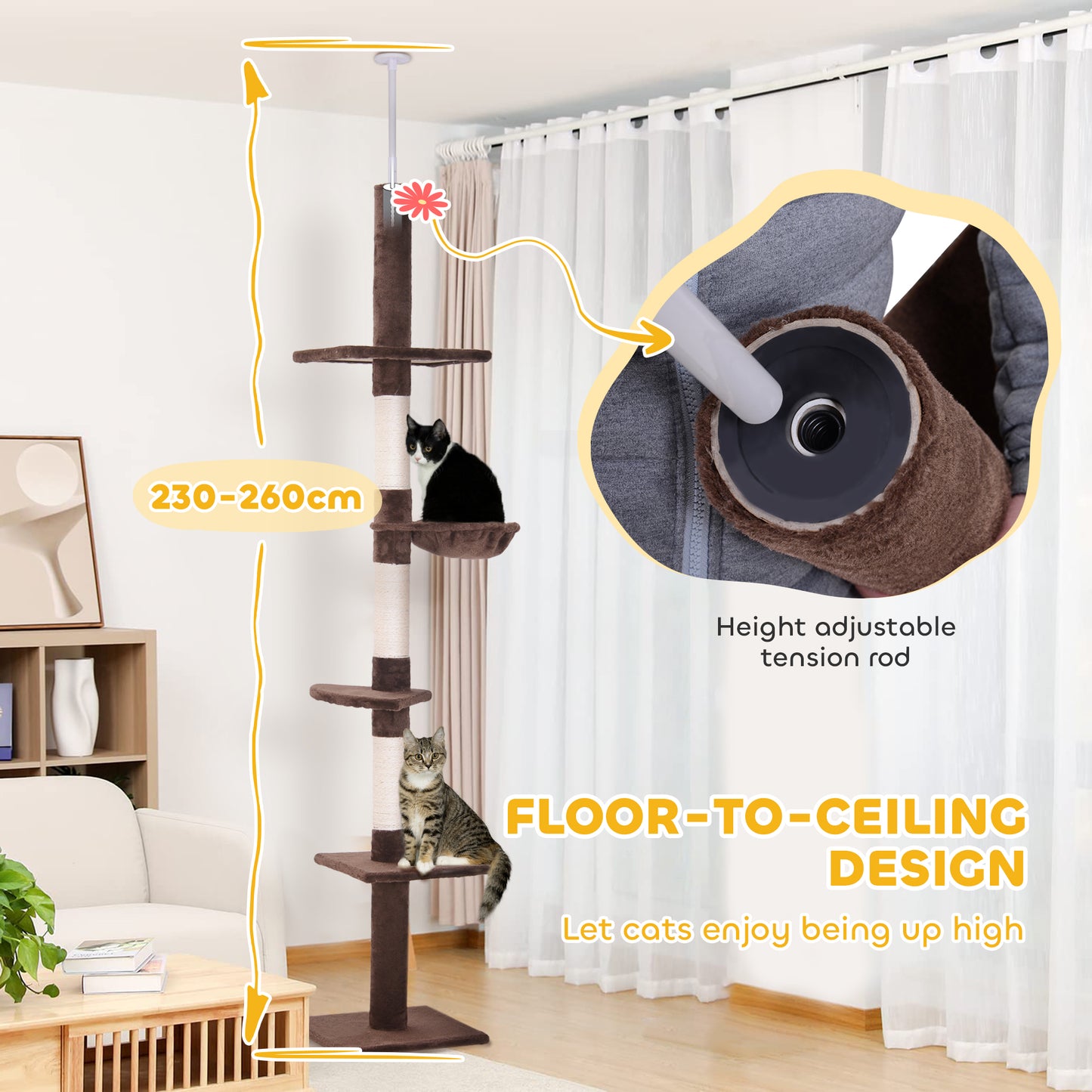 8.5ft Cat Climbing Tree 5-Tier Kitty Activity Center with Scratching Post Brown and White