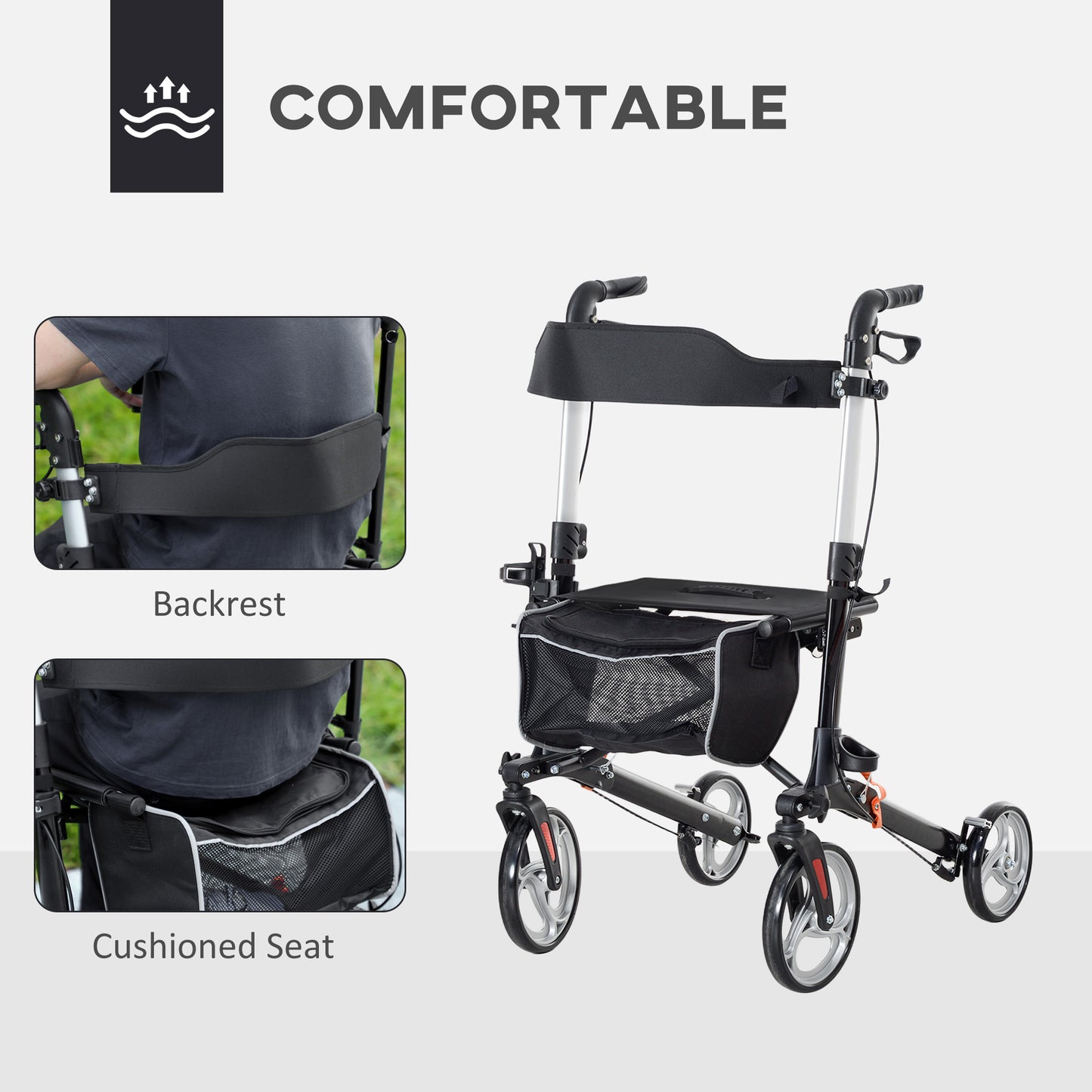 Lightweight Folding Rolling Walker with Large Seat, Back, Adjustable Handle, Bag, Dual Brake, Cane Holder, Black