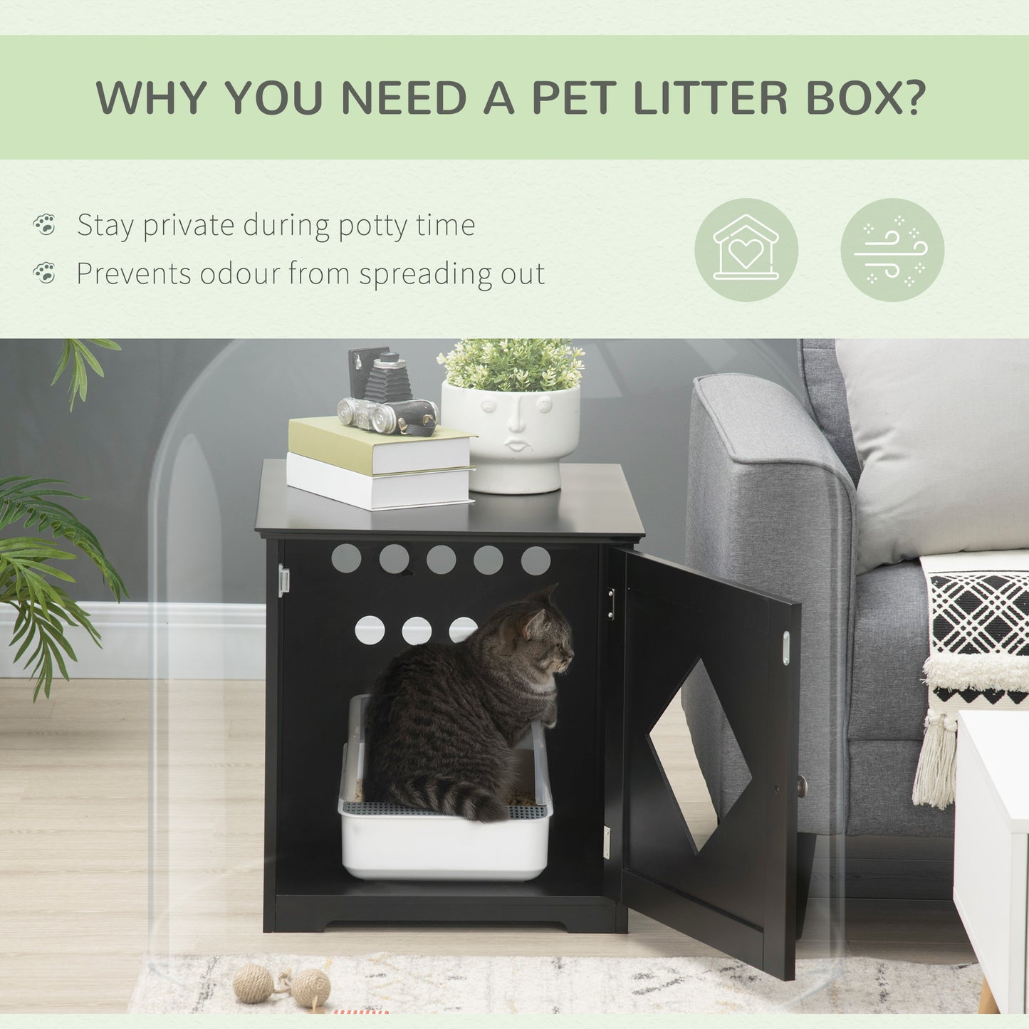 Cat Litter Box Enclosure End Table, Indoor Cat Washroom with Magnetic Door, Hidden Litter Box Nightstand with Large Tabletop, Easy Assembly, Black