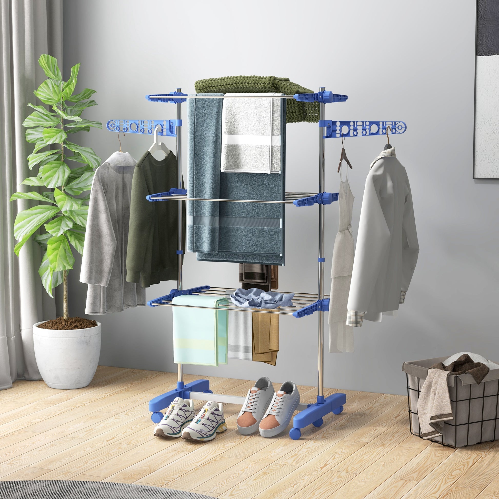 3-Tier Foldable Clothes Drying Rack, Stainless Steel Laundry Rack with 2 Side Wings and 6 Castors, Collapsible Adjustable Clothes Airer for Indoor Outdoor, Blue