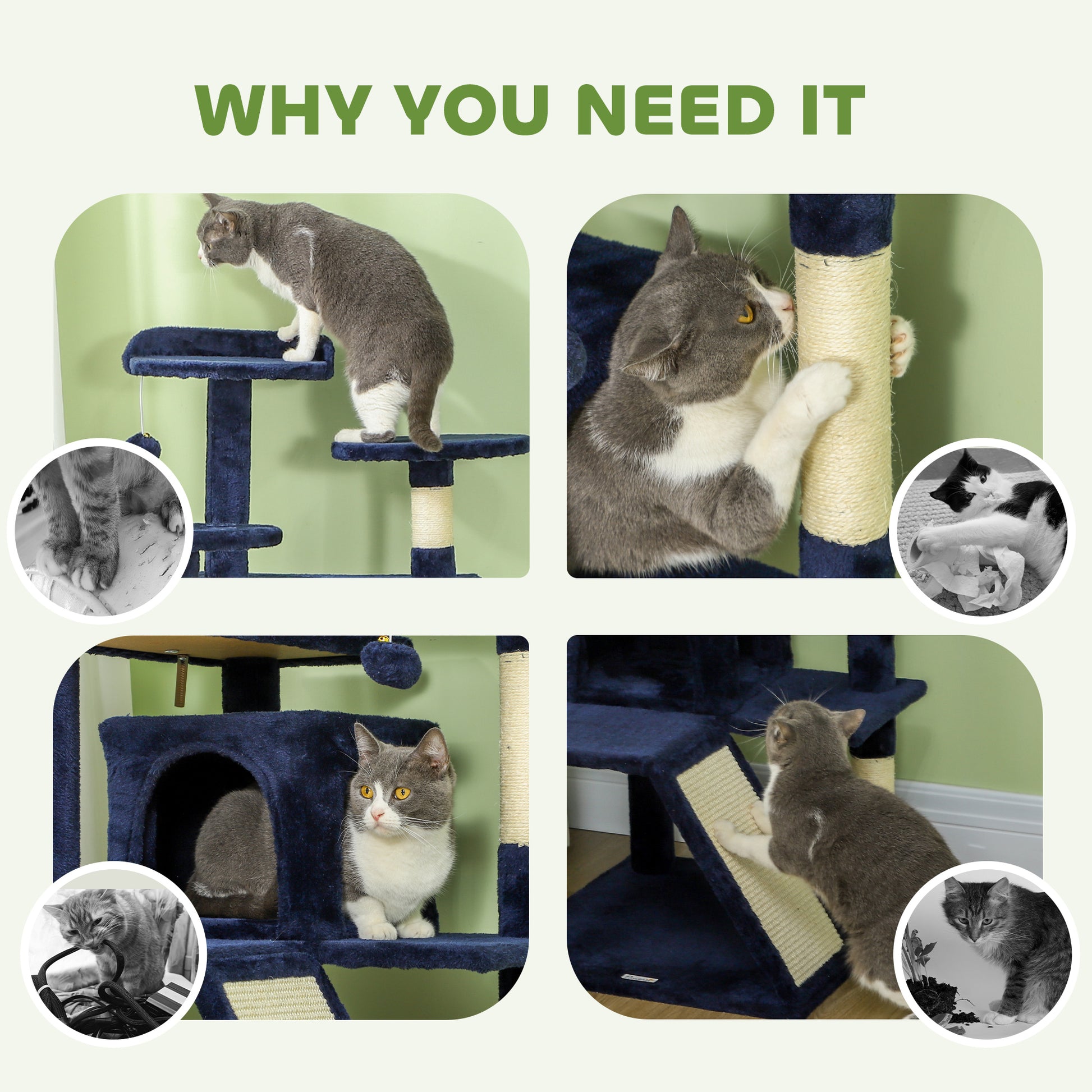 54" Cat Tree, Multi-Level Cat Tower with Scratching Posts, Cat Condos, Bed, Platforms, Ramp, Toy Ball, Dark Blue
