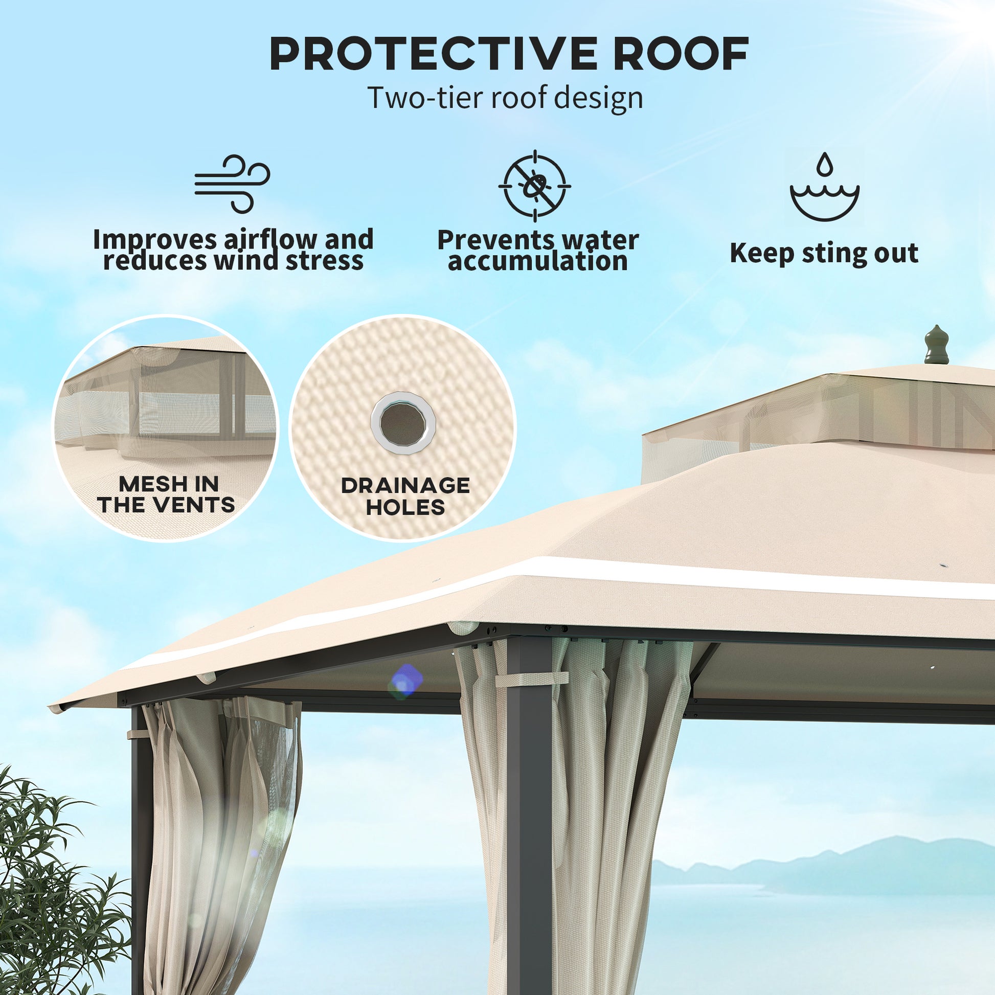 10' x 12' Outdoor Gazebo, Double Roof Patio Gazebo Canopy with Netting and Curtains for Garden, Lawn, Backyard, Deck