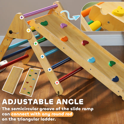 Qaba Pikler Triangle Set, 3 in 1 Climbing Toys with Ramp for Toddlers, Nature Wood
