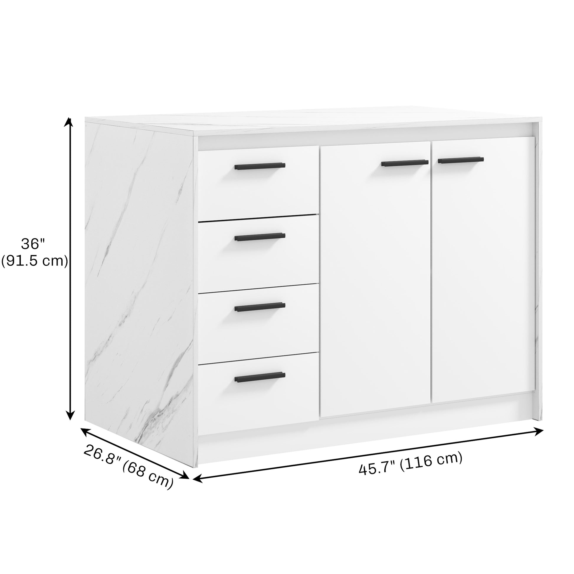 Kitchen Island with Storage Cabinet, 4 Drawers and Adjustable Shelf for Dining Room, Faux Marble Effect and White