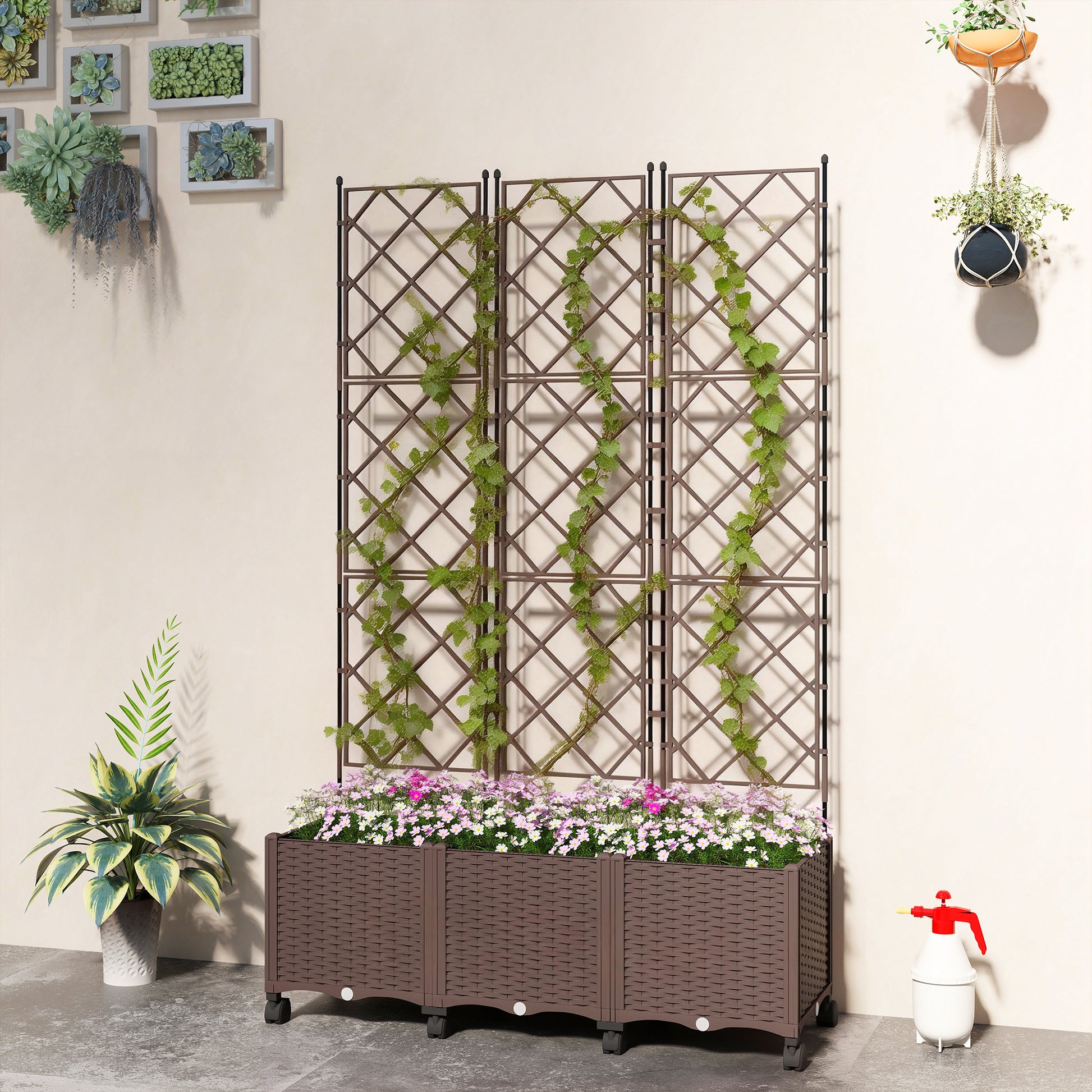 Plastic Raised Garden Bed with Trellis, Self Watering Planter Box with Wheels, Drainage Holes and Plugs