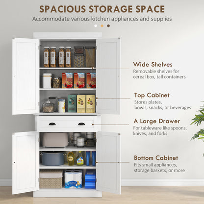 72" Tall Pantry Cabinet, Kitchen Storage Cabinet with 4 Doors, Drawer and 2 Adjustable Shelves, White