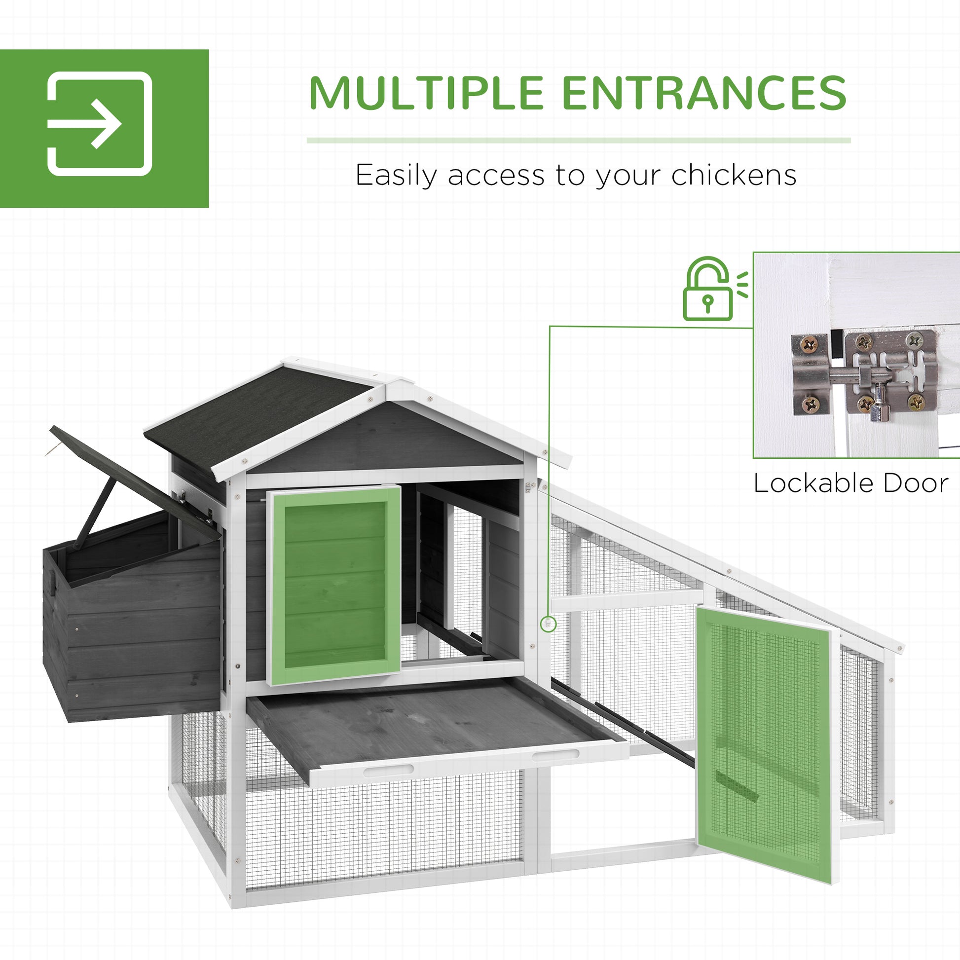 69" Wooden Chicken Coop with Run, Nesting Box, Tray, Grey