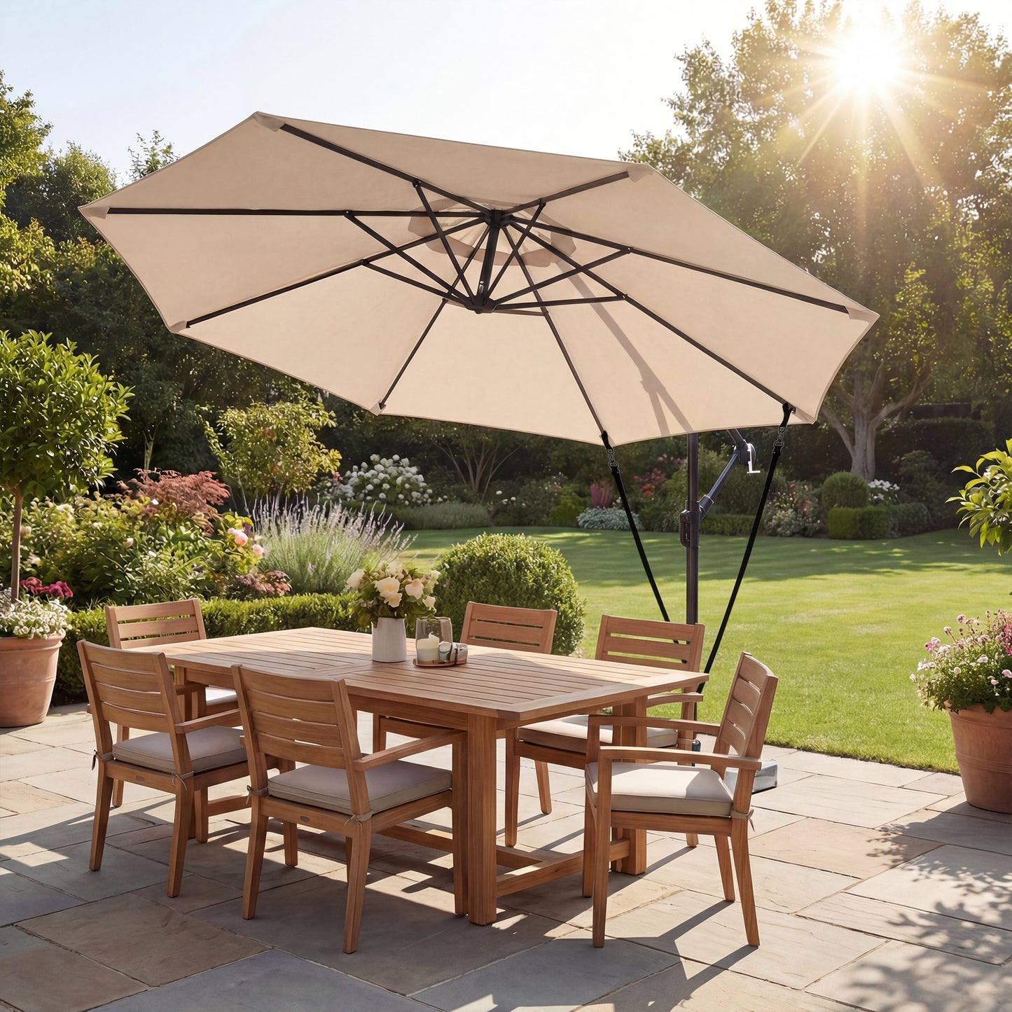 10FT Cantilever Patio Umbrella with 8 Ribs, Offset Patio Umbrella with Cover and Wind Ropes for Garden, Yard, Khaki