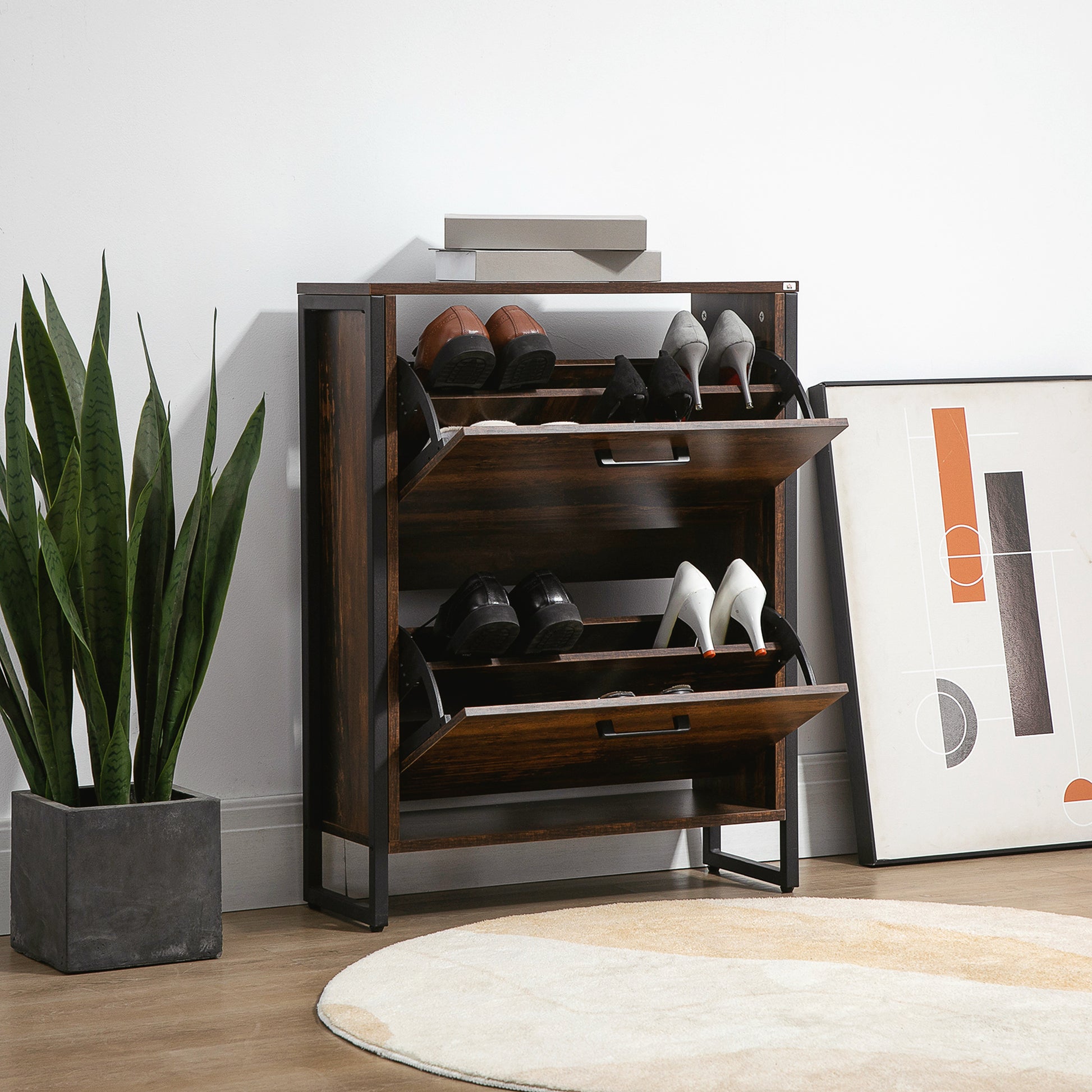 Shoe Cabinet with 2 Flip Doors, Slim 2-Drawer Shoe Cupboard with Divider and Open Compartment for 12 Pairs of Shoes, Entryway Storage Unit, Rustic Brown