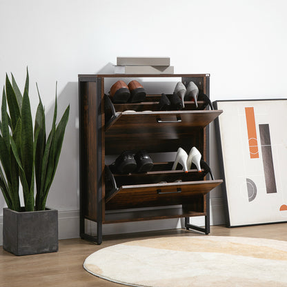 Shoe Cabinet with 2 Flip Doors, Slim 2-Drawer Shoe Cupboard with Divider and Open Compartment for 12 Pairs of Shoes, Entryway Storage Unit, Rustic Brown