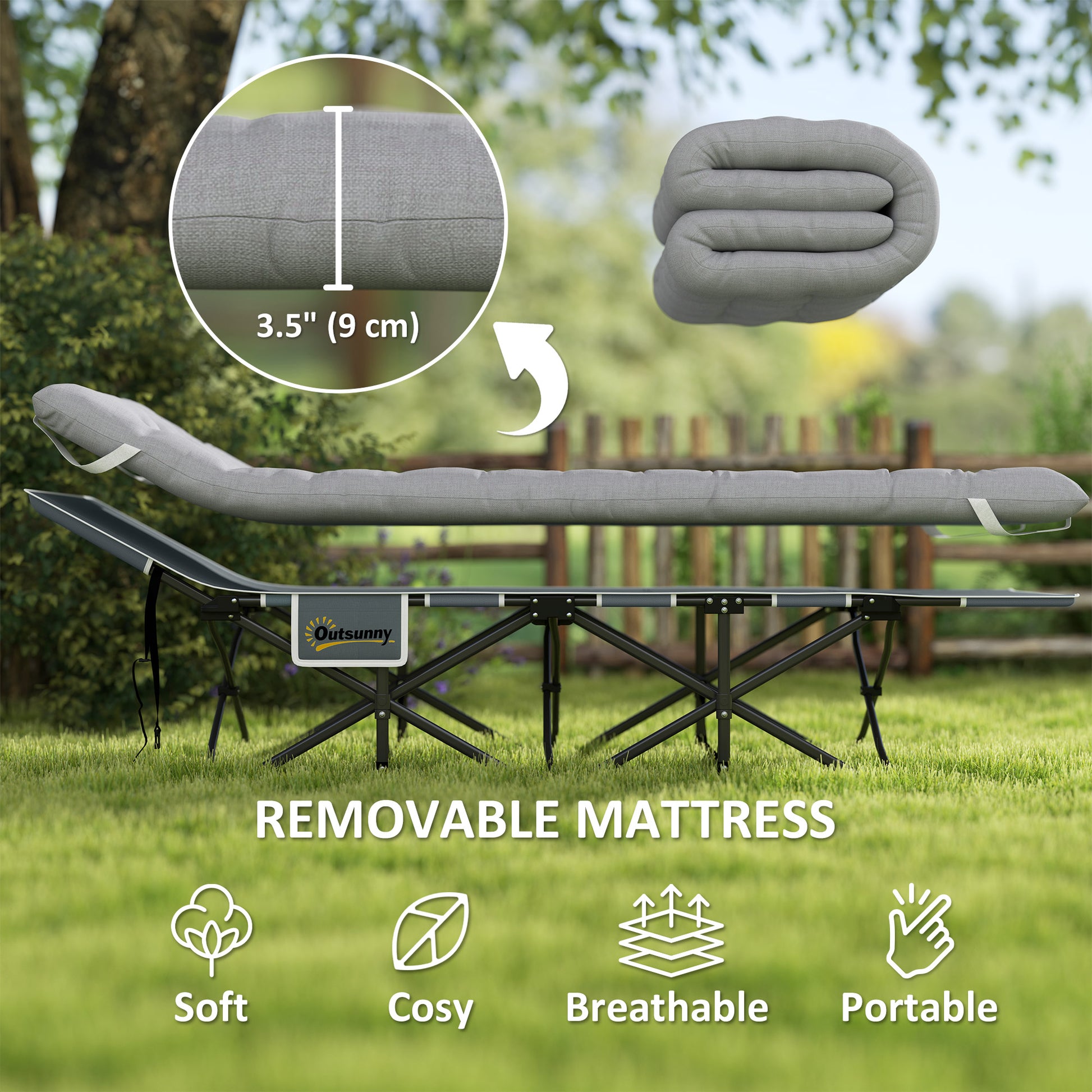 25.6" Wide Folding Bed, Camping Cot for Adults with Mattress, Carry Bag, Storage Pocket, Max Load 330 LBS, Light Grey