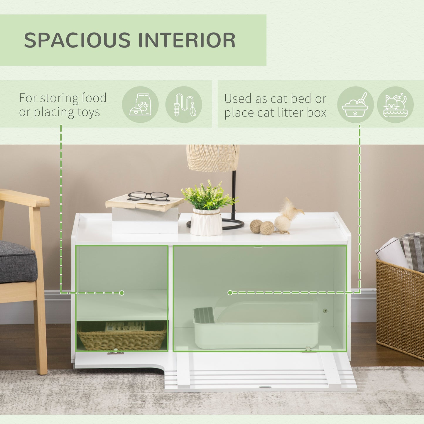 Hidden Cat Litter Box Furniture, Cat Litter Box Enclosure with Storage Compartments and Side Table Function, White