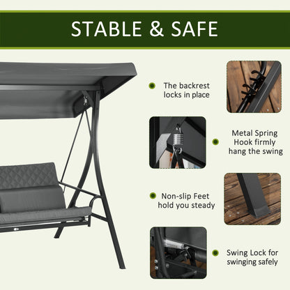 3 Person Porch Swing Bench with Adjustable Canopy, Cushions, Pillows for Porch and Backyard, Dark Grey