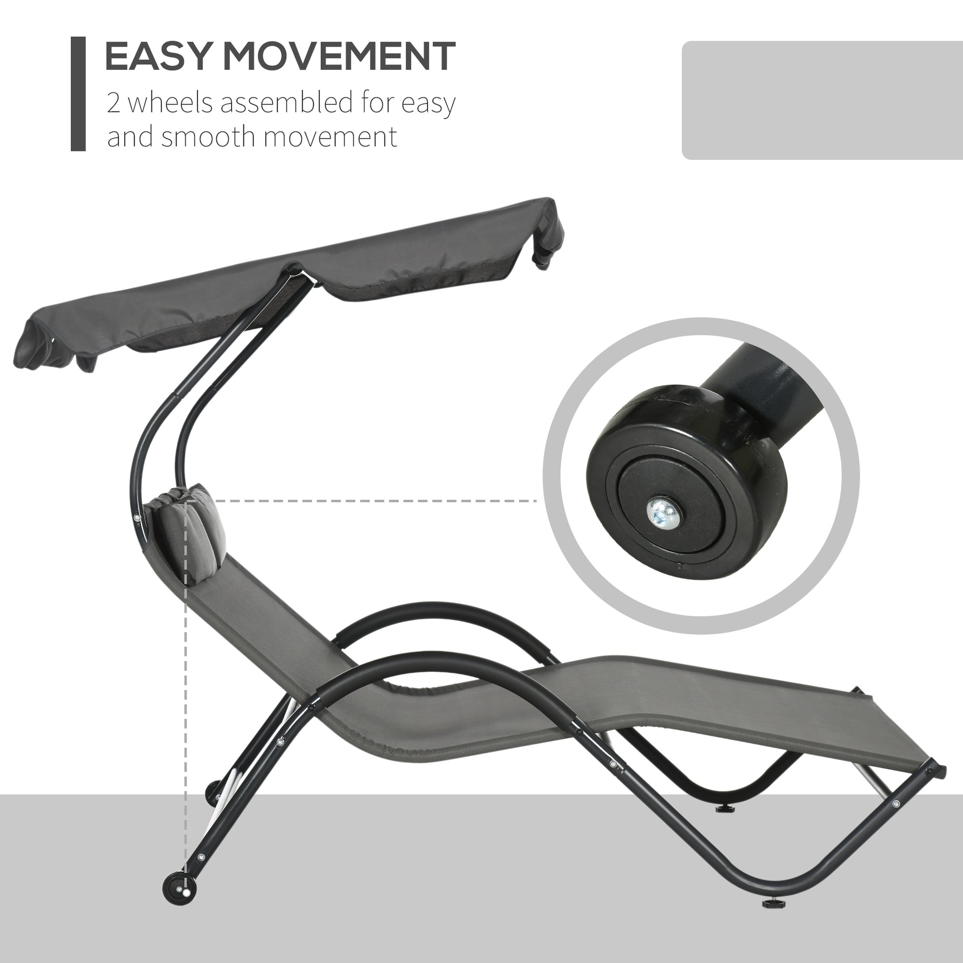 Outdoor Patio Chaise Lounge Chair, Patio Sun Lounger w/ Sunshade Roof, for Two People with Wheels and Breathable Sling Mesh Bed, Pillows, Dark Gray