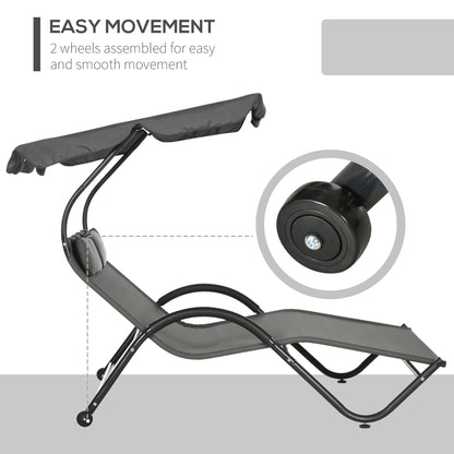 Outdoor Patio Chaise Lounge Chair, Patio Sun Lounger w/ Sunshade Roof, for Two People with Wheels and Breathable Sling Mesh Bed, Pillows, Dark Gray