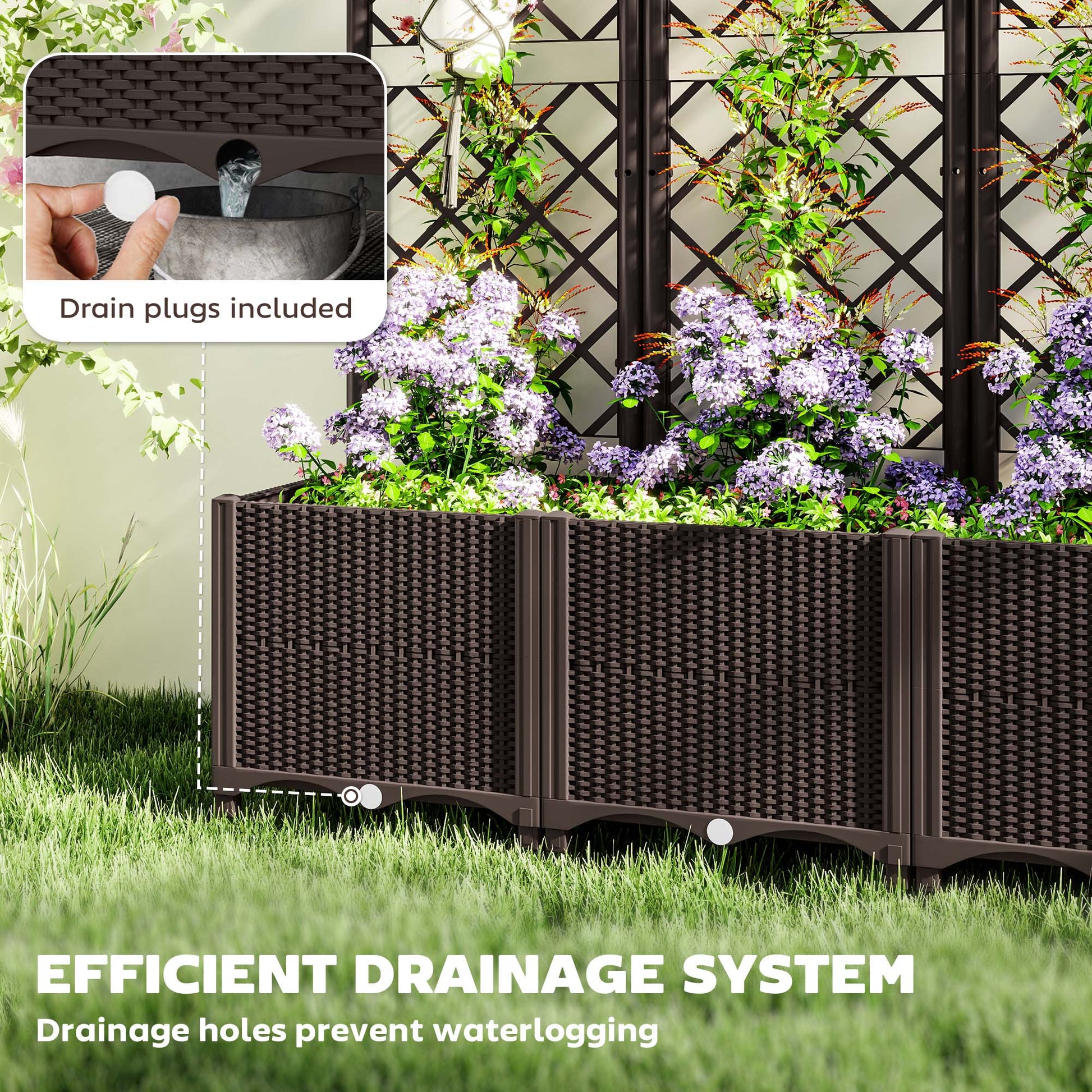 Raised Garden Bed with Trellis, Plastic Raised Flower Bed with Drainage Holes and Drain Plugs