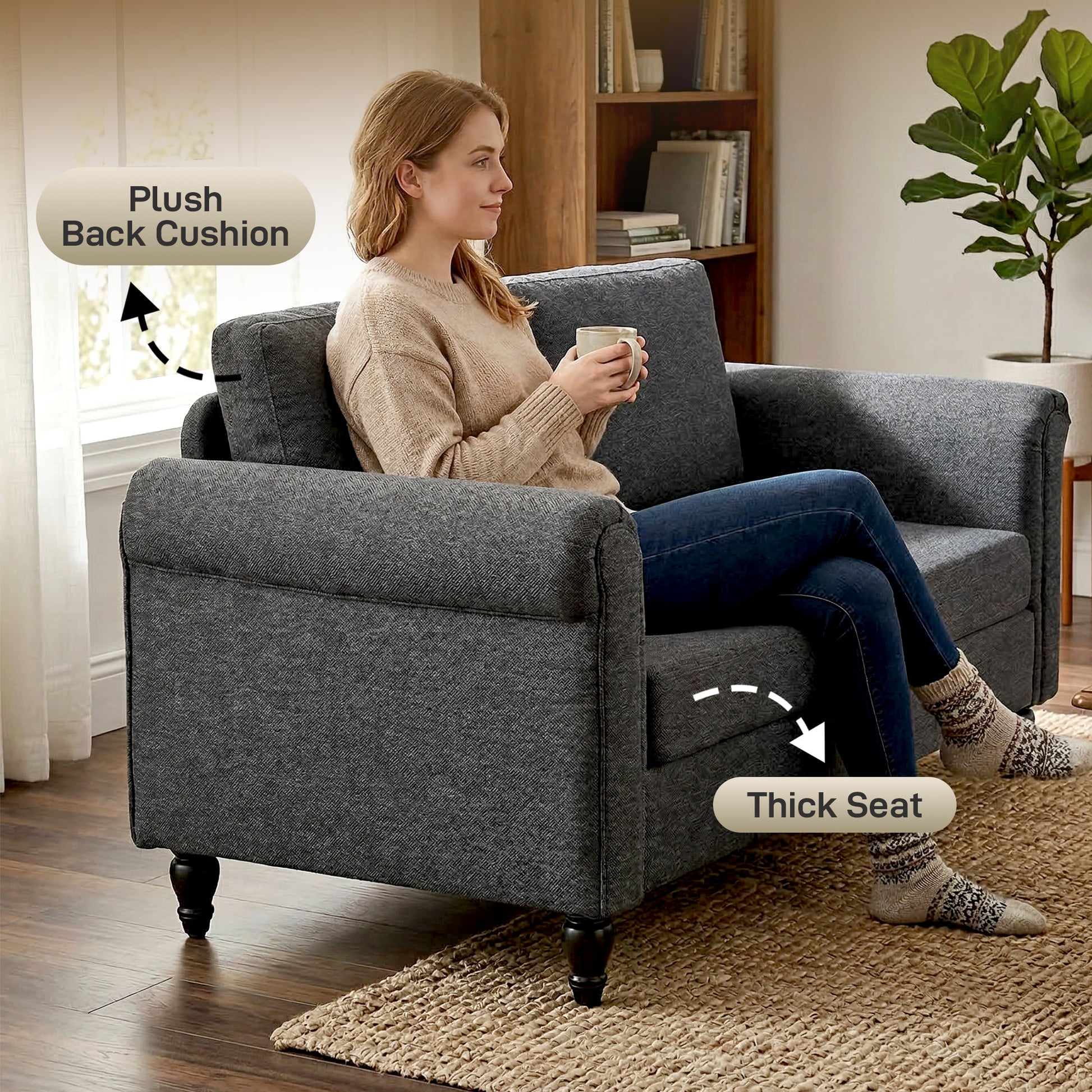 Vintage Loveseat, Upholstered Love Seat Furniture, Chenille-feel Fabric 2 Seater Sofa Couch with Rolled Arms, Gourd-Shaped Rubber Wood Legs for Living Room, Dark Grey