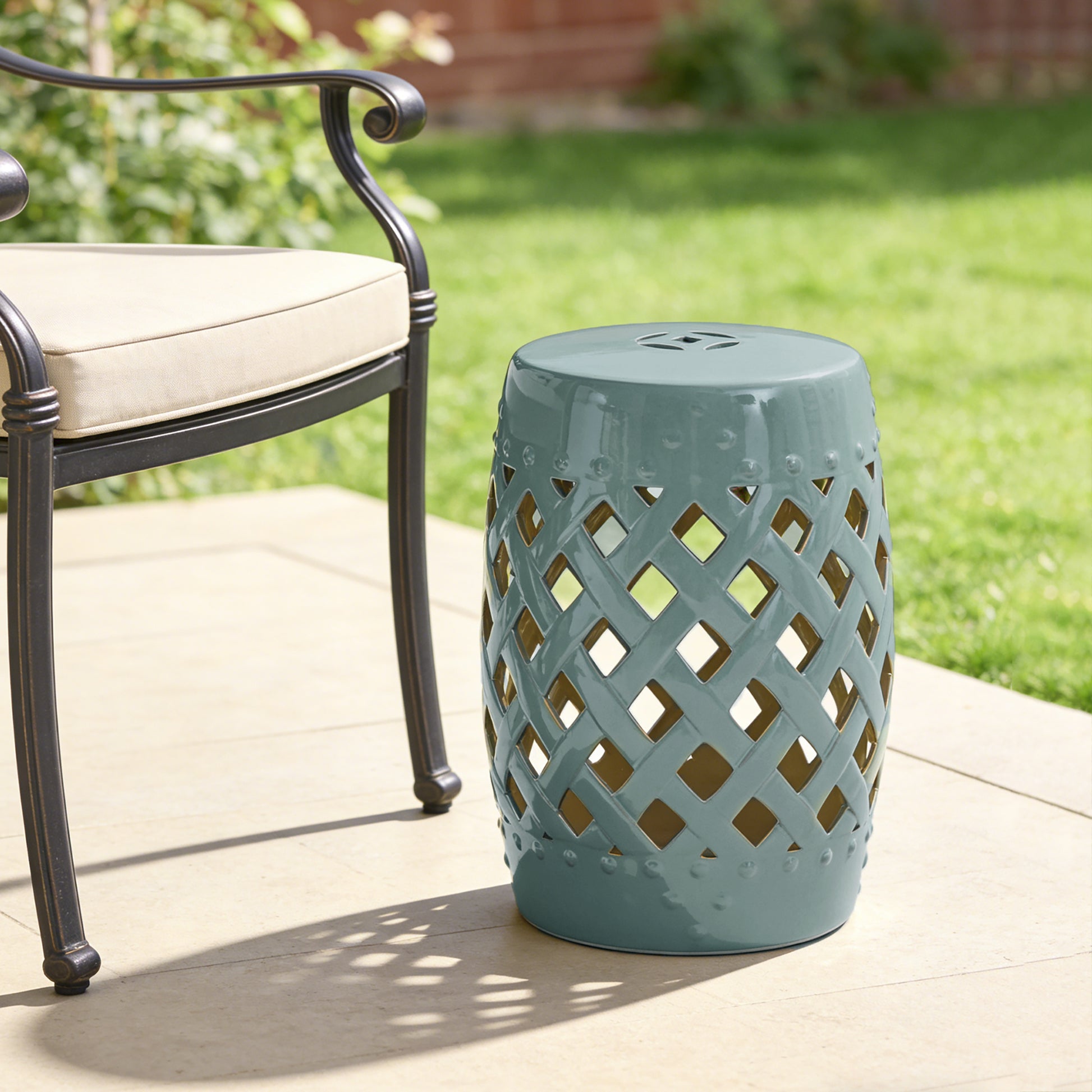 18" Ceramic Garden Stool with Woven Lattice Design, Indoor & Outdoor Decorative Accent Stool, Blue
