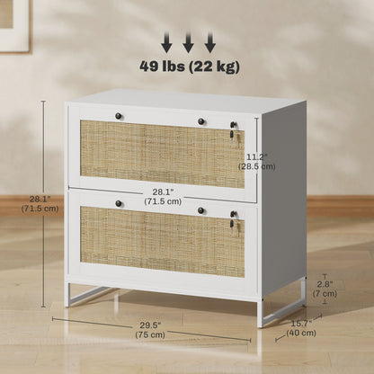 2-Drawer Filing Cabinet with Lock, Rattan File Cabinet with Adjustable Hanging Bar, White