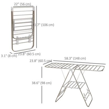 Clothes Drying Rack, 2-Tier Stainless Steel Foldable Laundry Rack with Adjustable Wings and Shoe Holders, Silver