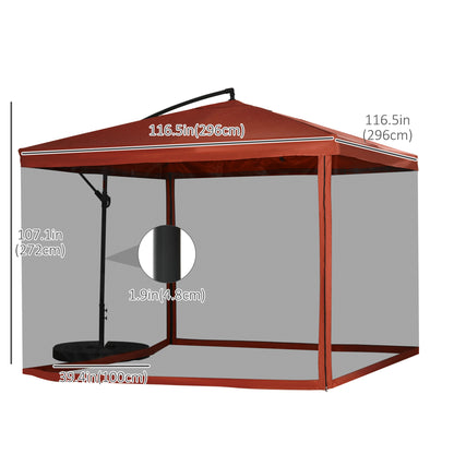 Offset Patio Umbrella with Net and Umbrella Base, Adjustable Cantilever Canopy with Cross Base, Weight Plates and 8 Ribs for Backyard, Poolside, Garden, Wine Red