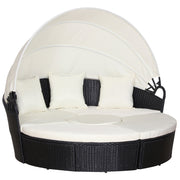 4 Pieces Outdoor Daybed with Retractable Canopy, PE Rattan Wicker Round Sofa Day Bed, Patio Sectional Conversation Furniture Set with Cushions and Pillows, Cream White