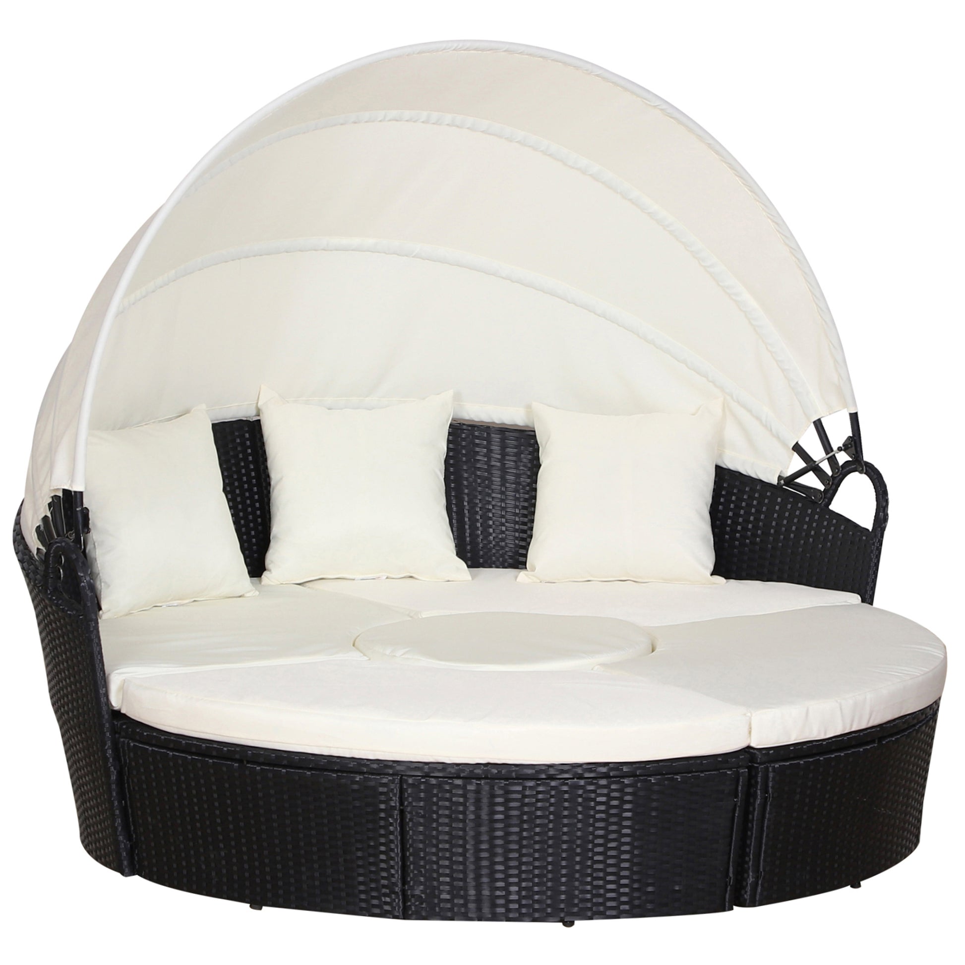 4 Pieces Outdoor Daybed with Retractable Canopy, PE Rattan Wicker Round Sofa Day Bed, Patio Sectional Conversation Furniture Set with Cushions and Pillows, Cream White