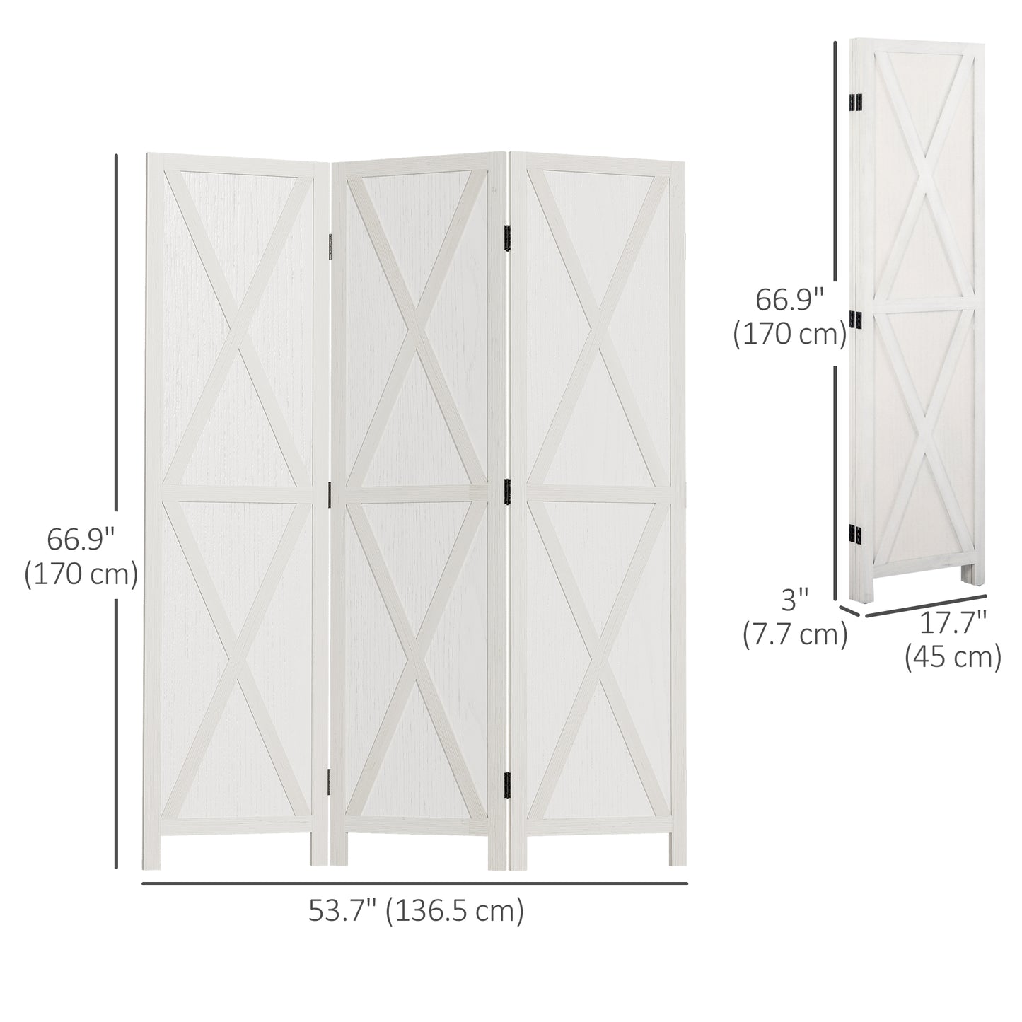 3-panel Wall Partition Farmhouse Room Separator with Foldable Design Wooden Frame 5.6FT, White