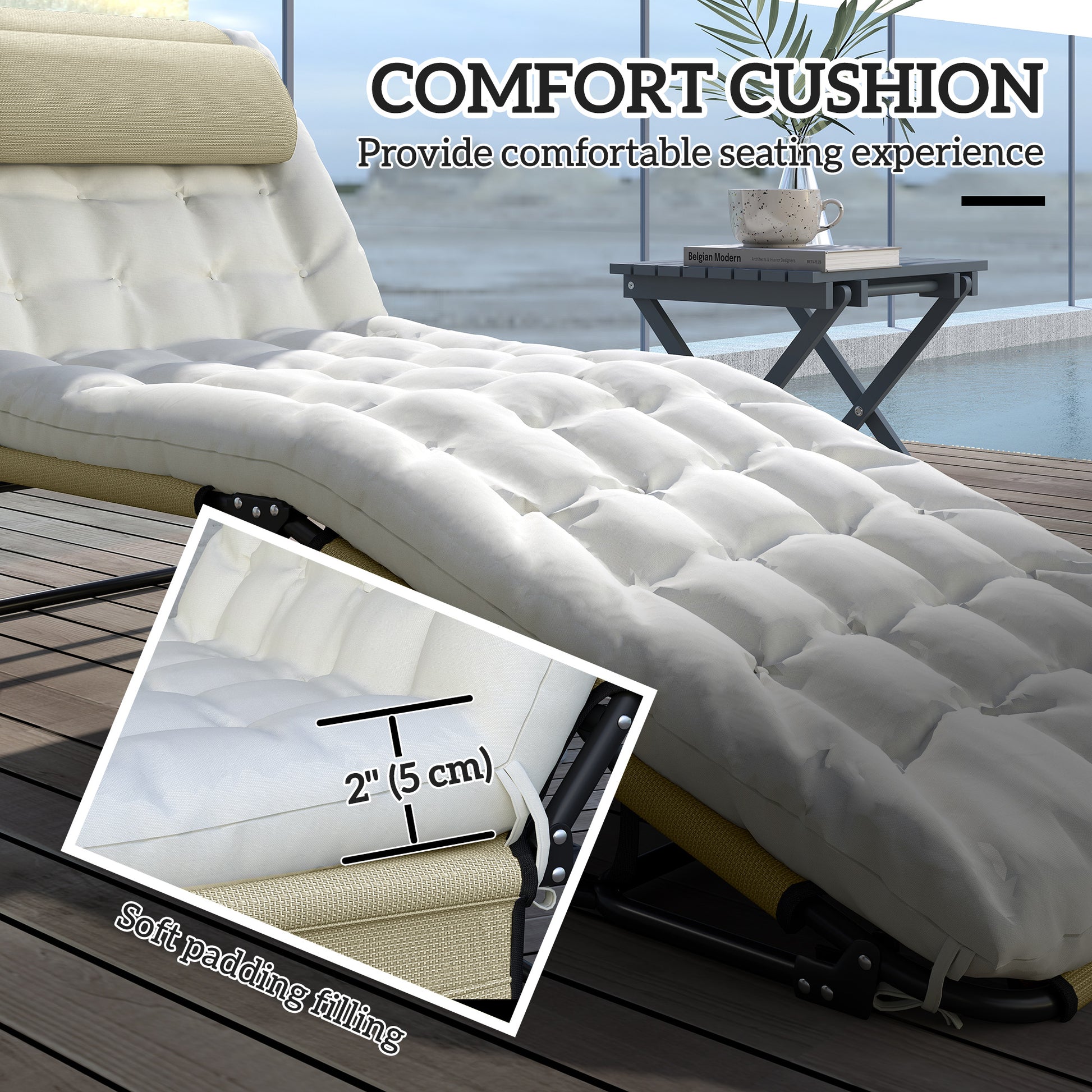 2-Piece Folding Lounge Chairs with Adjustable Backrest, Tanning Chair with Cushion, Side Pocket, Headrest, Beige