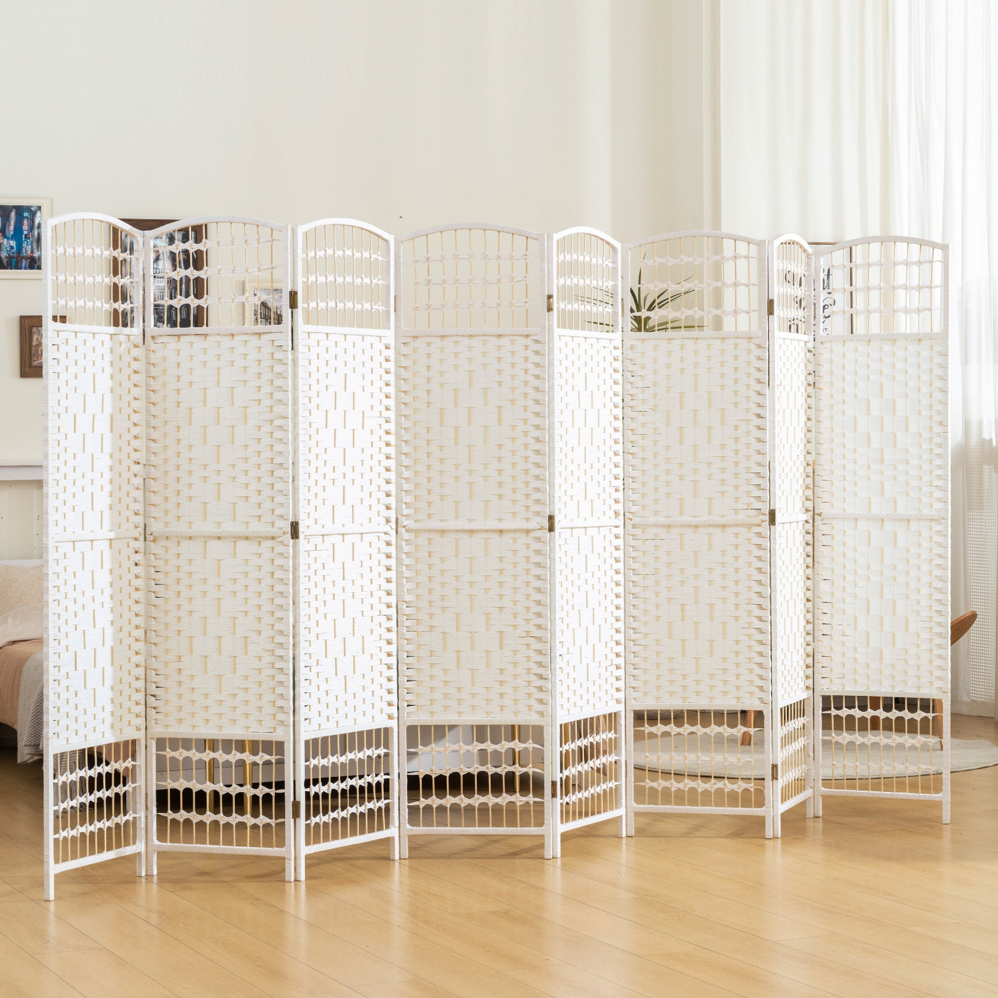 8 Panel Folding Room Divider, Portable Privacy Screen, Wave Fiber Room Partition for Home Office, White