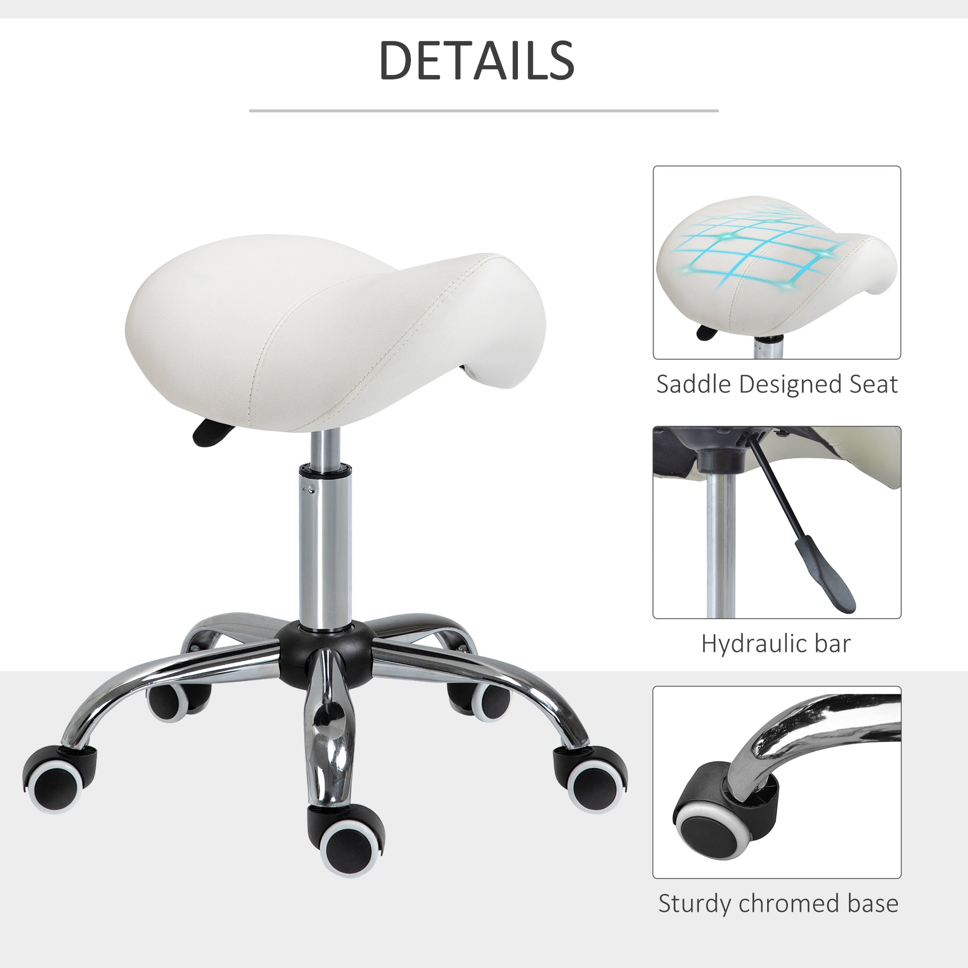 Ergonomic Saddle Stool with Wheels, Adjustable PU Leather Saddle Chair, 360° Swivel, No Back Pain, Healthy Posture, Salon Chair for Massage Medical Home, Cream White