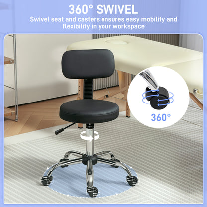 Adjustable Rolling Stool with Removable Backrest, Faux Leather Swivel Stool Chair for Salon Spa, Bar, Massage, Black