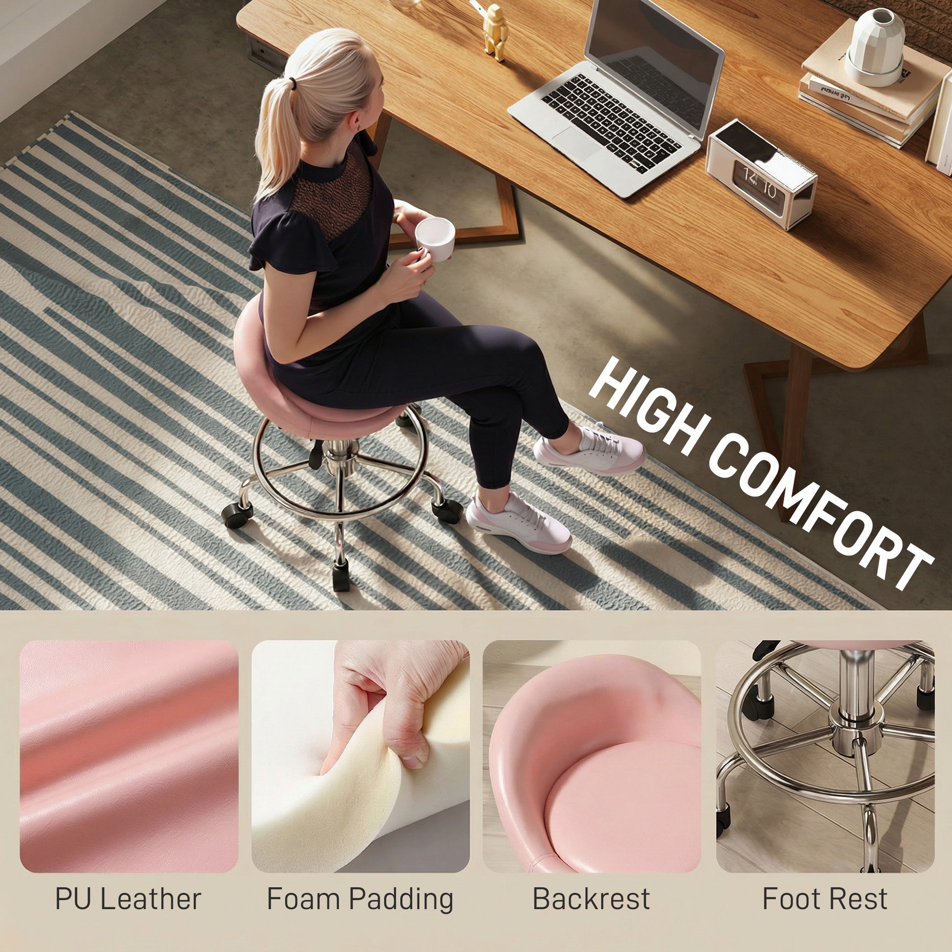 PU Leather Rolling Stool, Height Adjustable Swivel Salon Chair with Backrest and Foot Rest for Spa, Tattoo, Pink