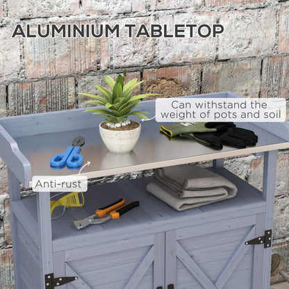 Outdoor Wooden Potting Bench with Storage Cabinet, Aluminum Tabletop, Rubber Wheels for Backyard, Patio, Balcony, Grey