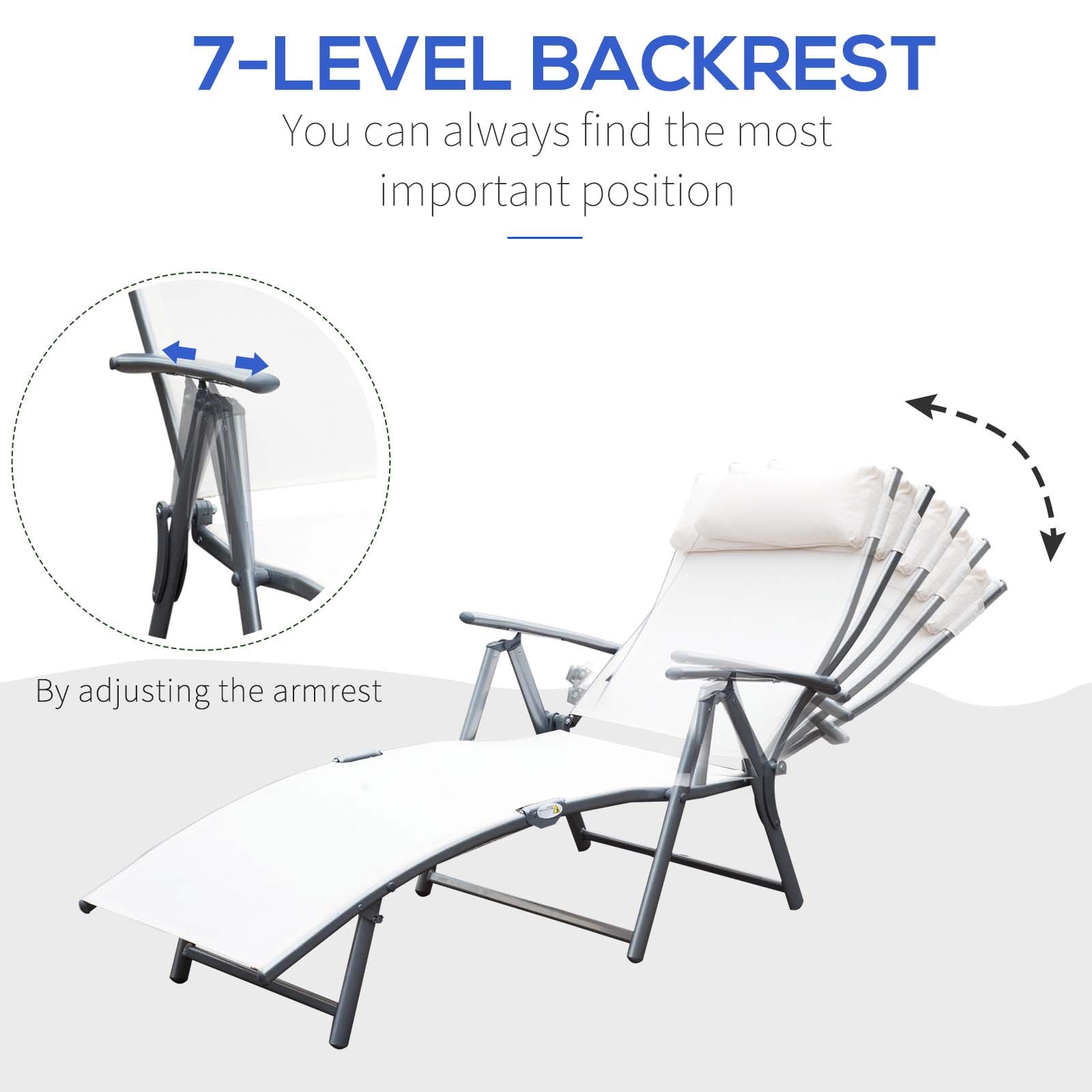 Heavy-duty Adjustable Folding Reclining Chair Outdoor Sun Lounger Patio Chaise Lounge Garden Beach Gravity Lounge with Pillow, 7 Adjustable Backrest Positions, Cream