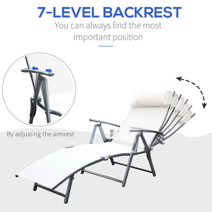 Heavy-duty Adjustable Folding Reclining Chair Outdoor Sun Lounger Patio Chaise Lounge Garden Beach Gravity Lounge with Pillow, 7 Adjustable Backrest Positions, Cream