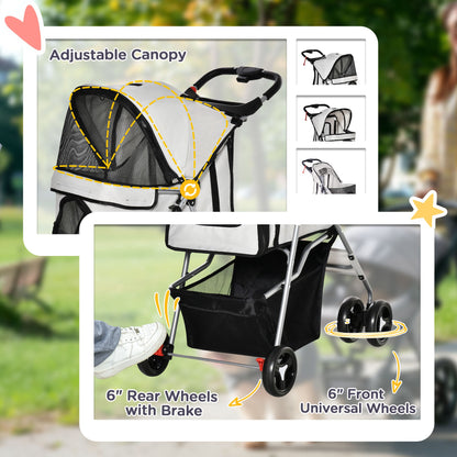 Dog Stroller, One-click Folding Pet Stroller with Cup Holder, 4 Wheels Travel Carrier w/ Brakes, 360° Swiveling Front Wheels, Storage Basket, for XS/Small Dogs Cats, Grey