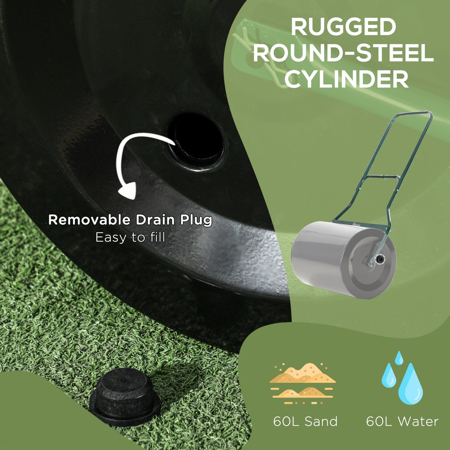20" Push/Tow Behind Lawn Roller, Heavy Duty Sod Drum Roller Filled with 16 Gal Water/Sand, Grass Flattener for Yard, Patio, Park, Black