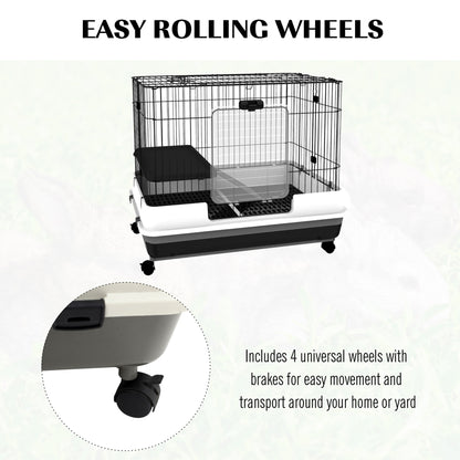 28"H Guinea Pig Cage, 2-Level Rabbit Cage for Ferret, Chinchilla, Hedghog, Bunny, Small Animal Habitat with Wheels, Slide-out Tray, Ramp, Black