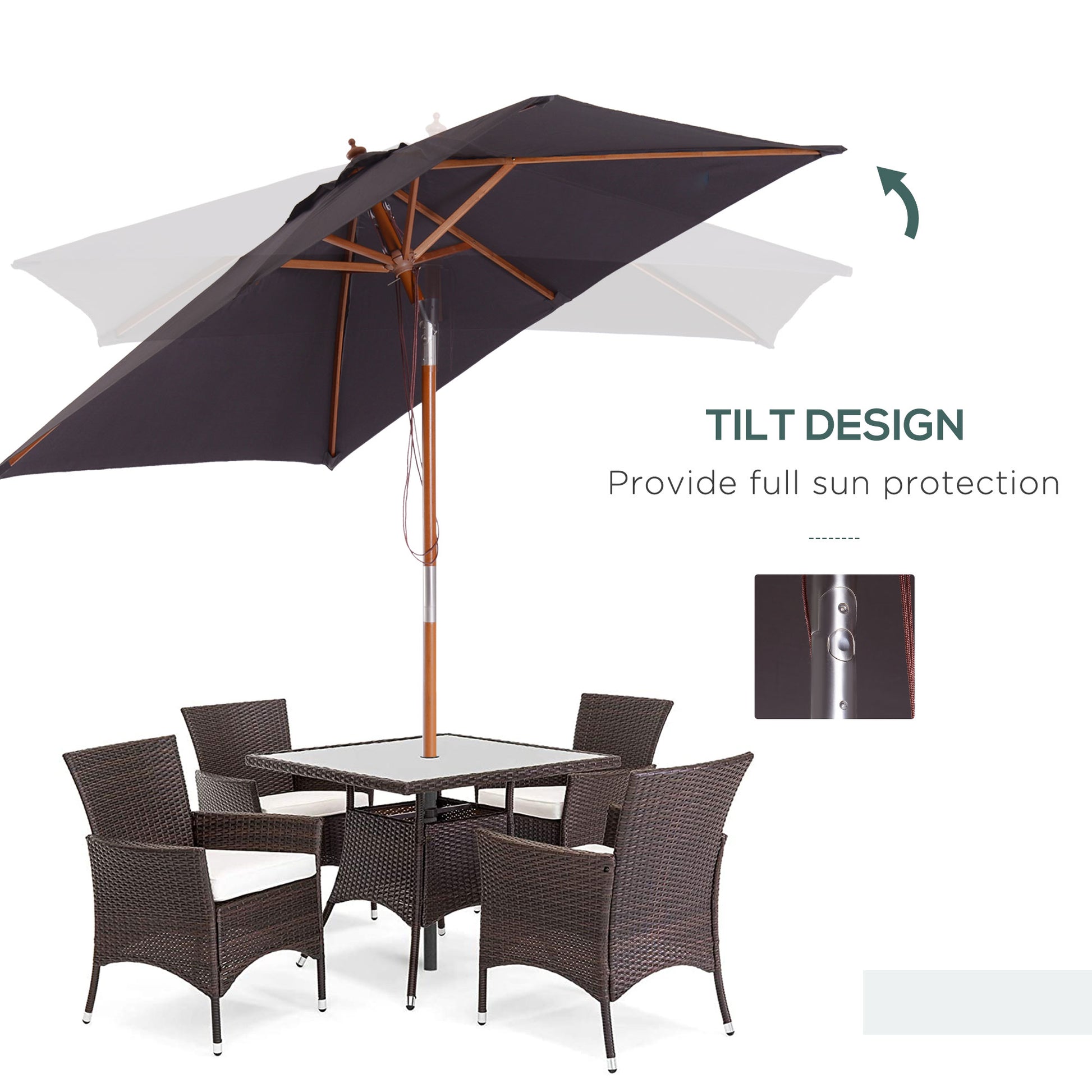 6.6x5ft Square Market Parasol, Wooden Patio Umbrella with Tilt Mechanism and 6 Bamboo Ribs, Garden Sunshade, Dark Grey