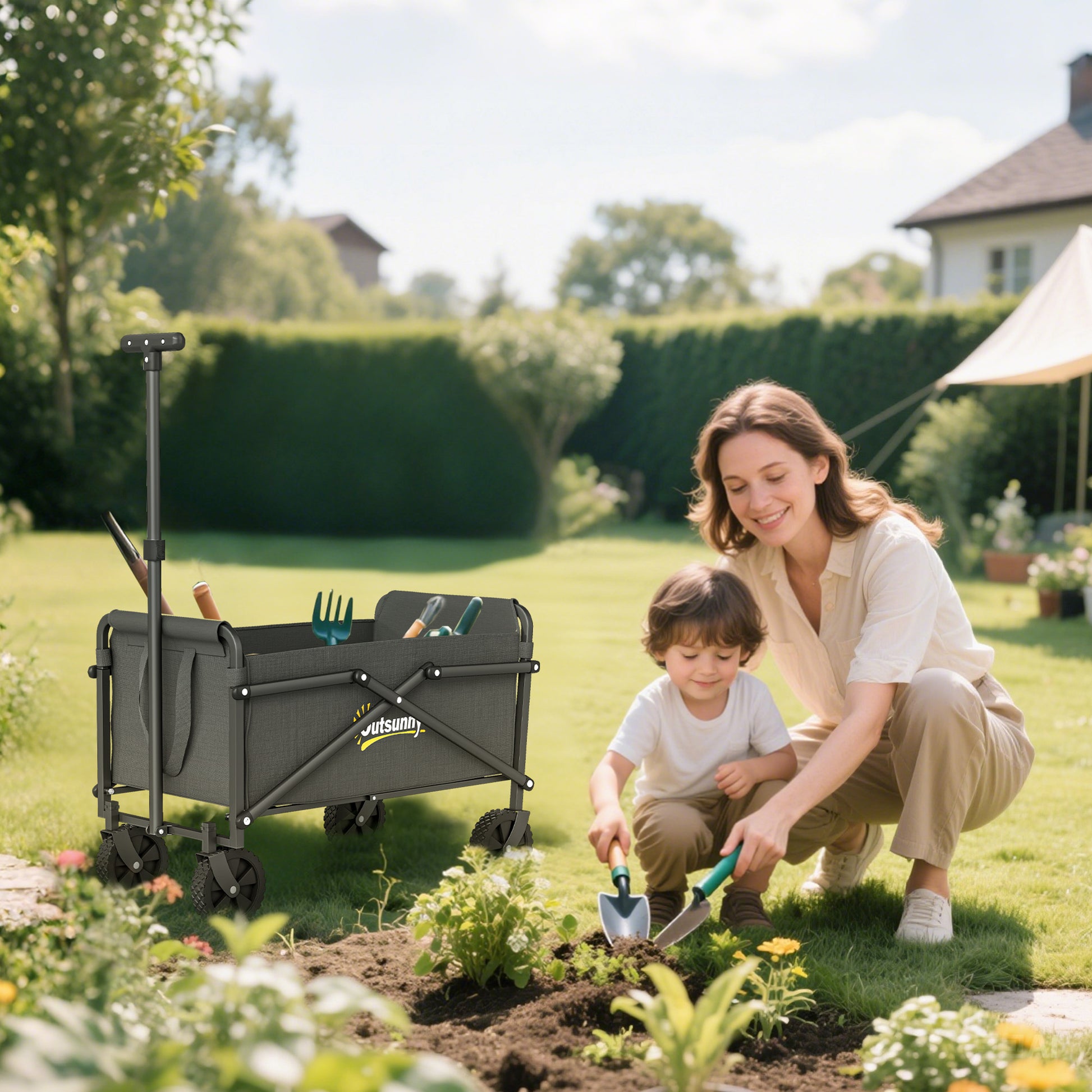 Small Collapsible Folding Garden Cart, Heavy Duty Lawn Wagon with Universal Wheels and Adjustable Handle, Grey