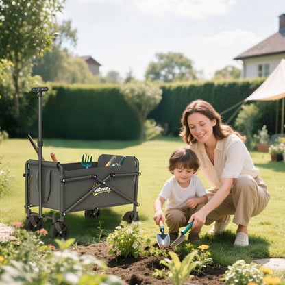 Small Collapsible Folding Garden Cart, Heavy Duty Lawn Wagon with Universal Wheels and Adjustable Handle, Grey