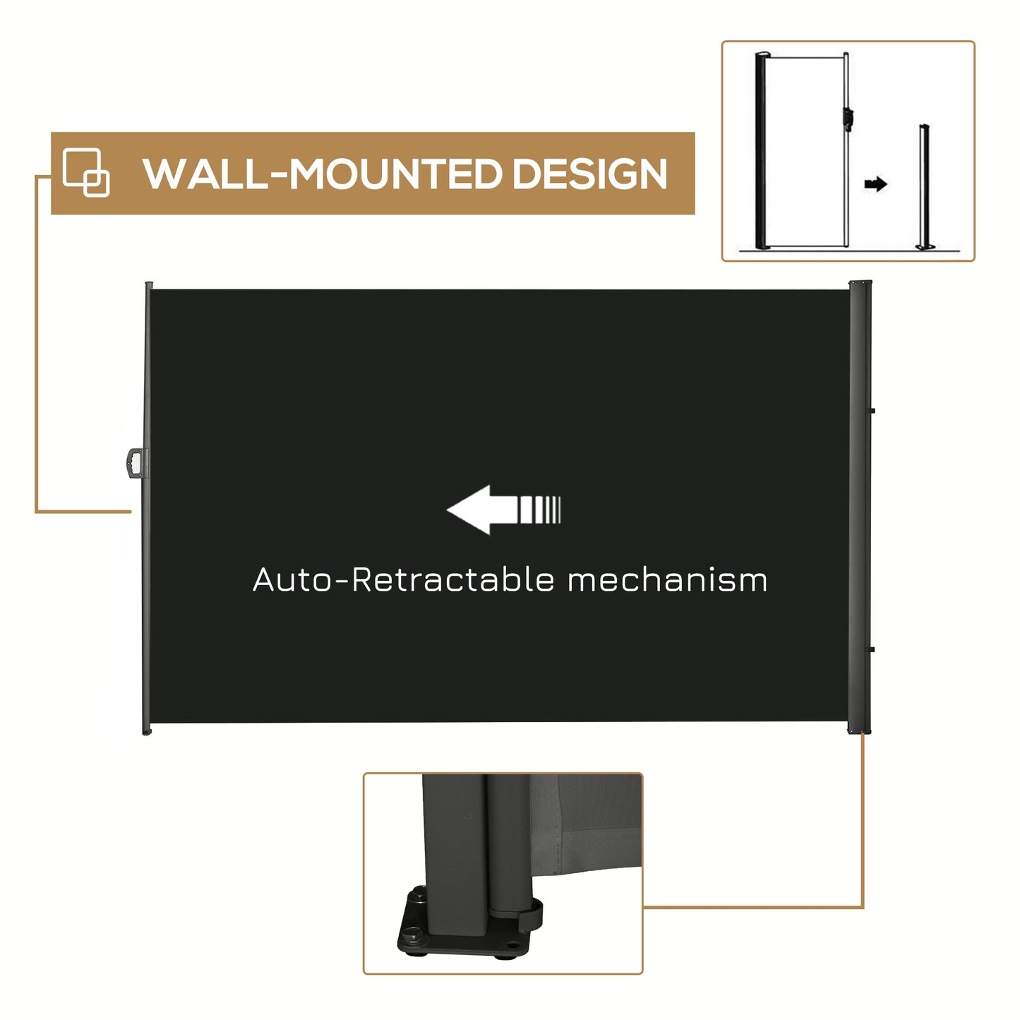 118" x 79" Retractable Side Awning Patio Outdoor Folding Privacy Screen with Resistance to UV Rays & Wind, Black