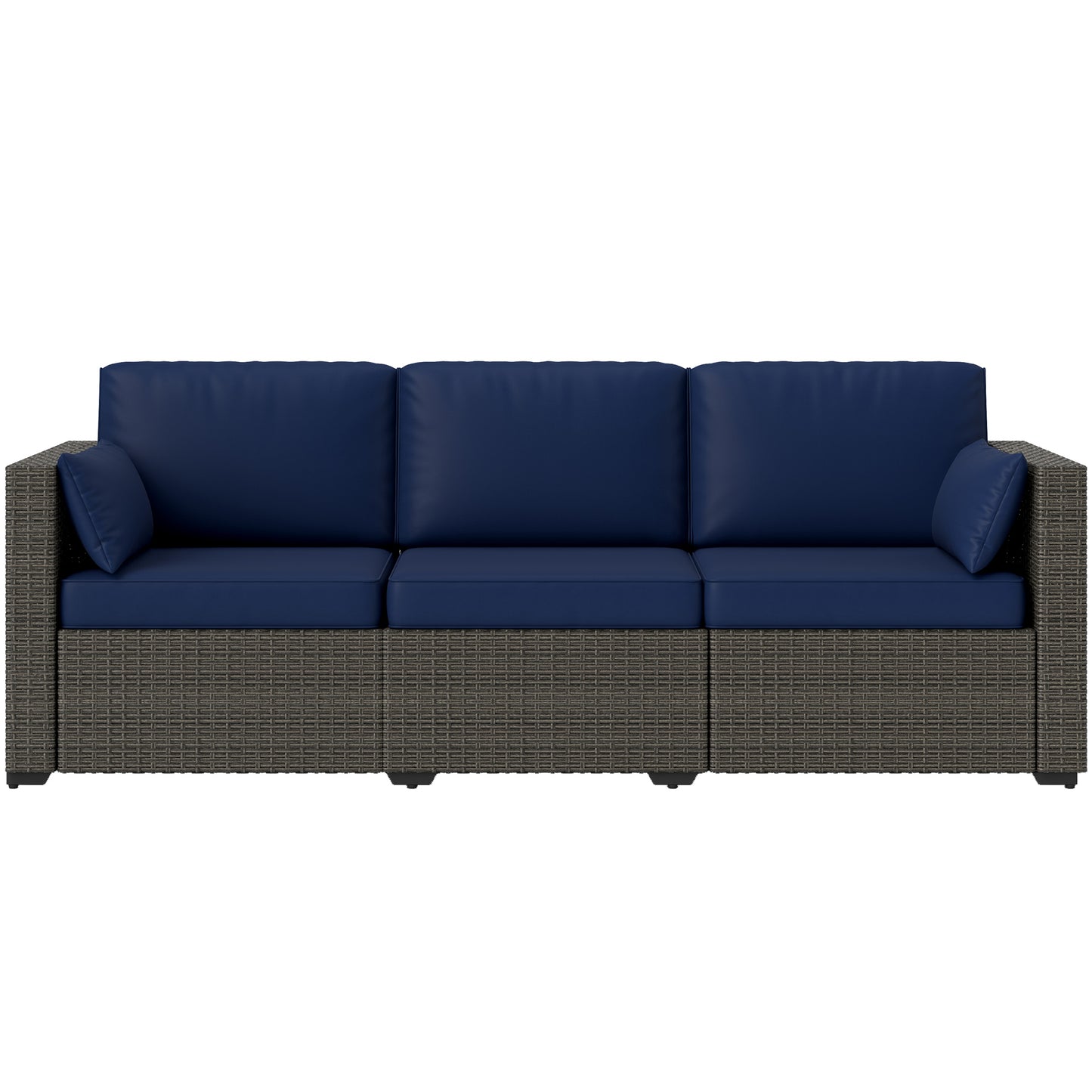 3-Seater Outdoor Sofa with Cushions, PE Rattan Conversation Patio Couch with Pillows for Garden, Poolside, Blue/Brown