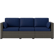 3-Seater Outdoor Sofa with Cushions, PE Rattan Conversation Patio Couch with Pillows for Garden, Poolside, Blue/Brown
