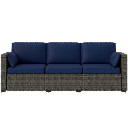 3-Seater Outdoor Sofa with Cushions, PE Rattan Conversation Patio Couch with Pillows for Garden, Poolside, Blue/Brown