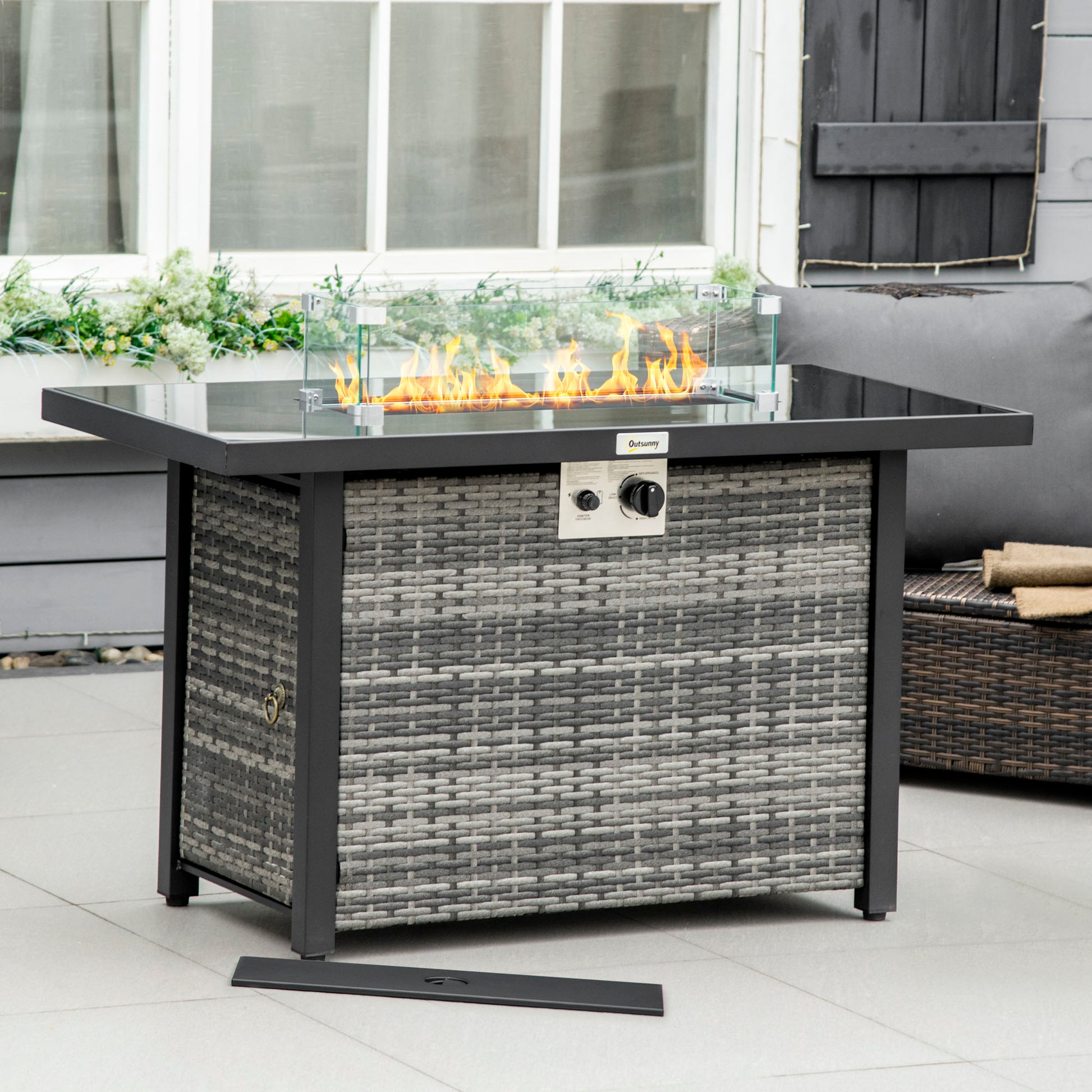 Propane Fire Pit Table 43" Outdoor Fire Table, 50,000 BTU Pulse-Ignition Wicker Firepit Furniture with Glass Wind Guard, Blue Glass Rock, CSA Certification, Grey