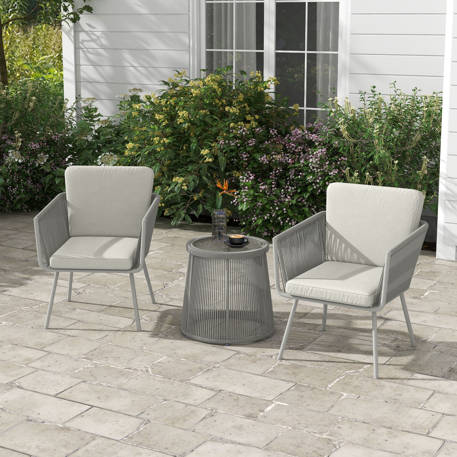 3 Piece Outdoor Patio Bistro Set, Wicker Rattan Furniture with Metal Legs for Garden, Backyard, Light Grey