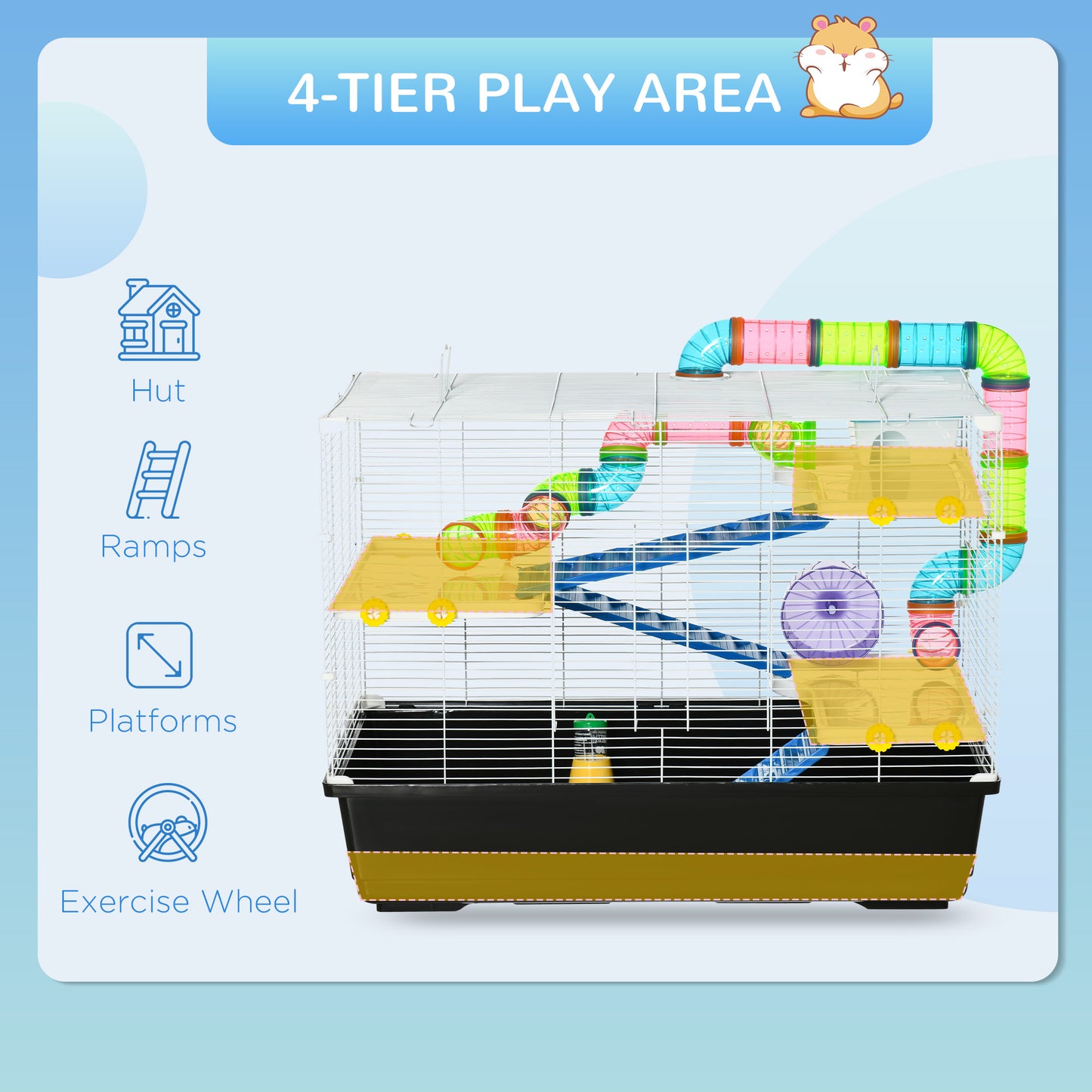 31" Large Hamster Cage, Small Animal House, Multi-storey Gerbil Haven, Tunnel Tube System, with Water Bottle, Exercise Wheel, Food Dish, Ramps, Black