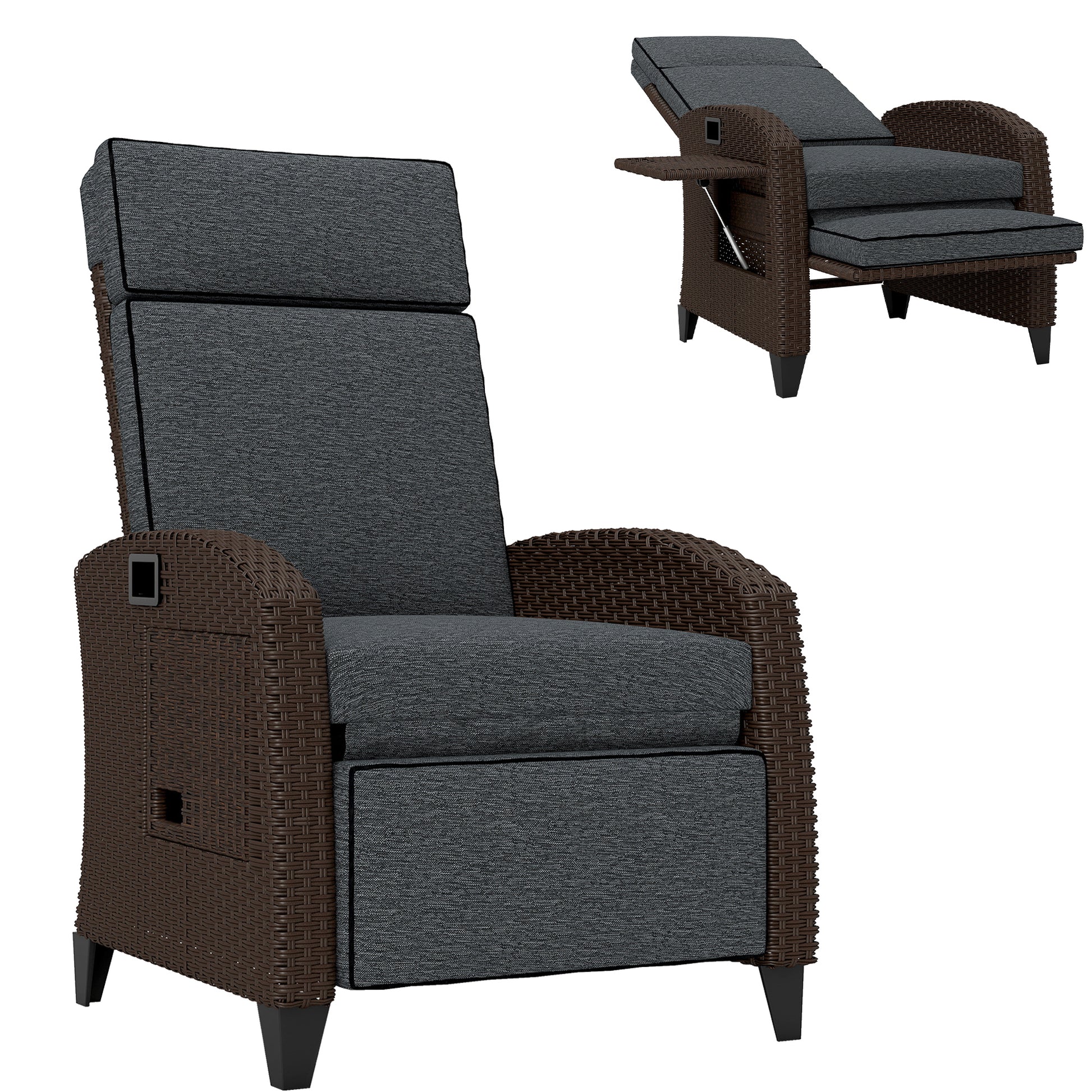 Outdoor Recliner Chair with Adjustable Backrest, Cushion, Side Tray, Dark Grey